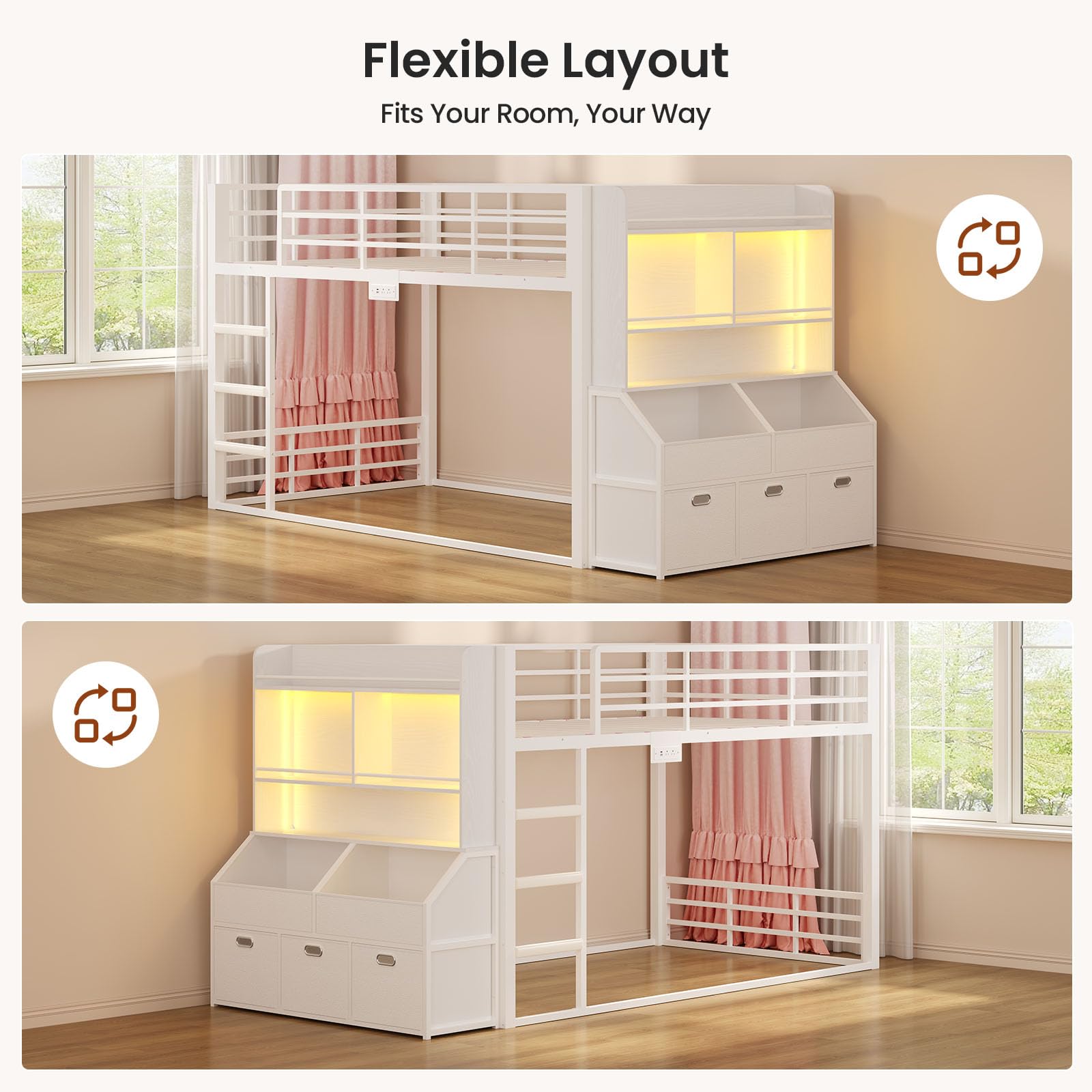 ADORNEVE Low Bunk Bed Twin Size with Bookshelf, Toy Organizer & Storage Drawers, Metal Floor Bunk Bed Twin Over Twin with RGB Lights & Charging Station, Safety Guardrail & Ladder, Small Space, White