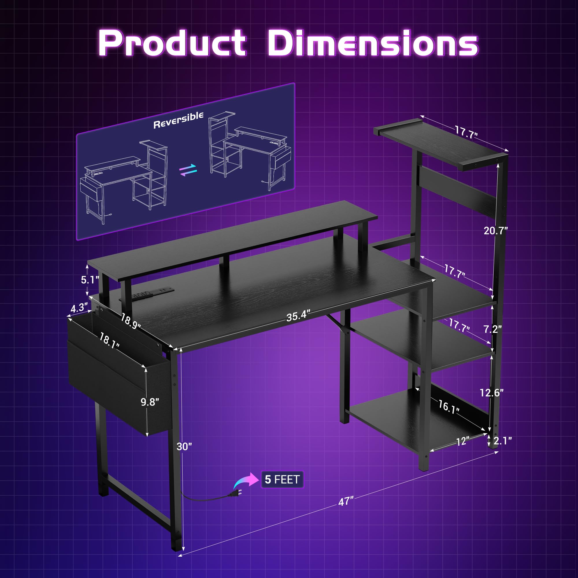 Gaming Desk with Monitor Stand & Storage Shelves