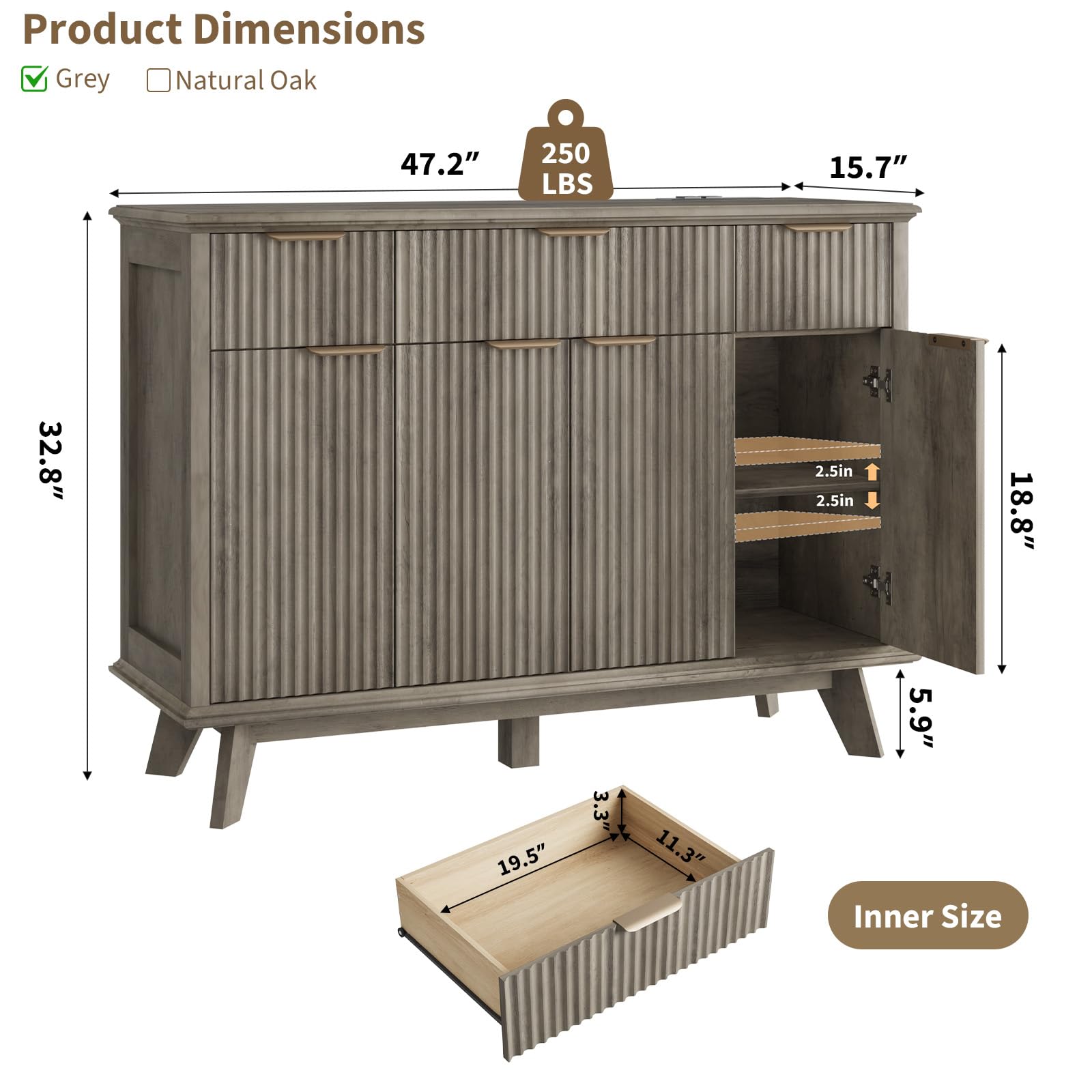 47.2" Fluted Buffet Cabinet with Drawers & Charging Station