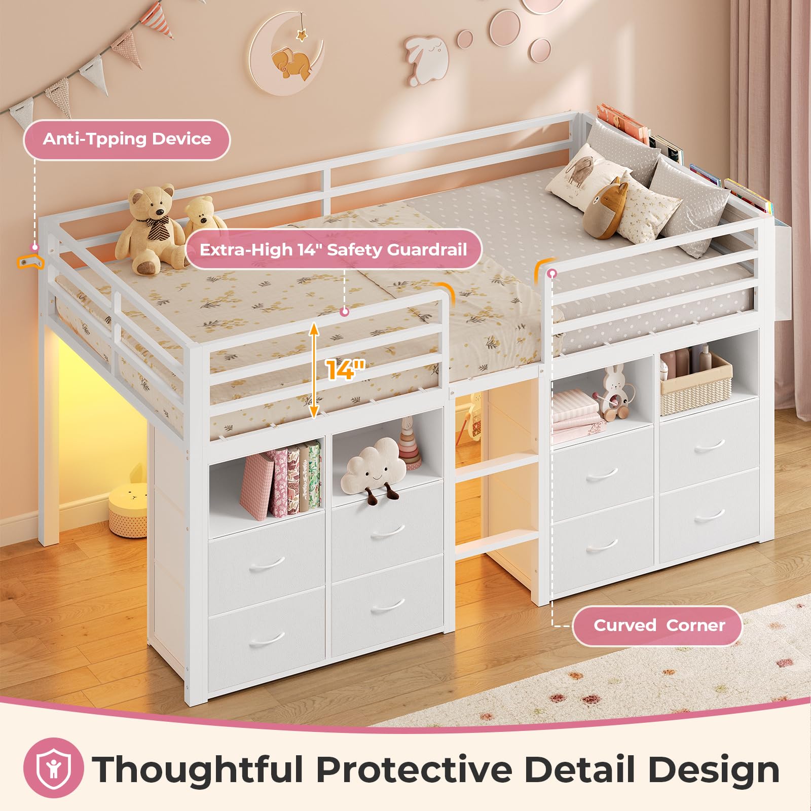 Kids Low Loft Bed Twin with Storage Drawers & LED Lights