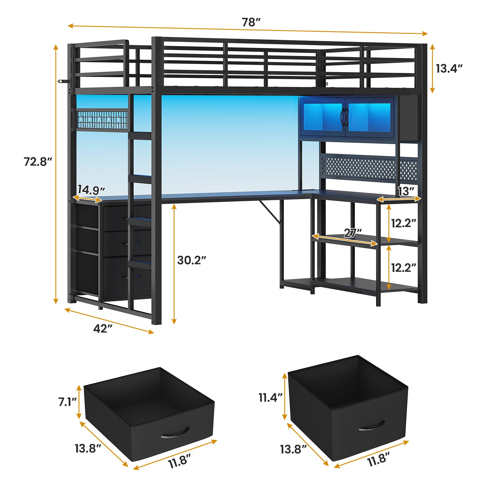 Twin Loft Bed with L-Shaped Gaming Desk & Storage