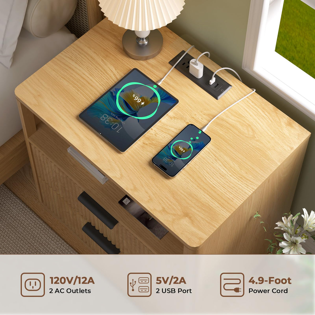 HOMMPA 24'' Fluted Nightstand Set of 2 with Charging Station, Modern Night Stand with 2 USB Ports & 2 AC Outlets, Wood Bedside Table with Open Compartment, 2 Drawer Side Table for Bedroom
