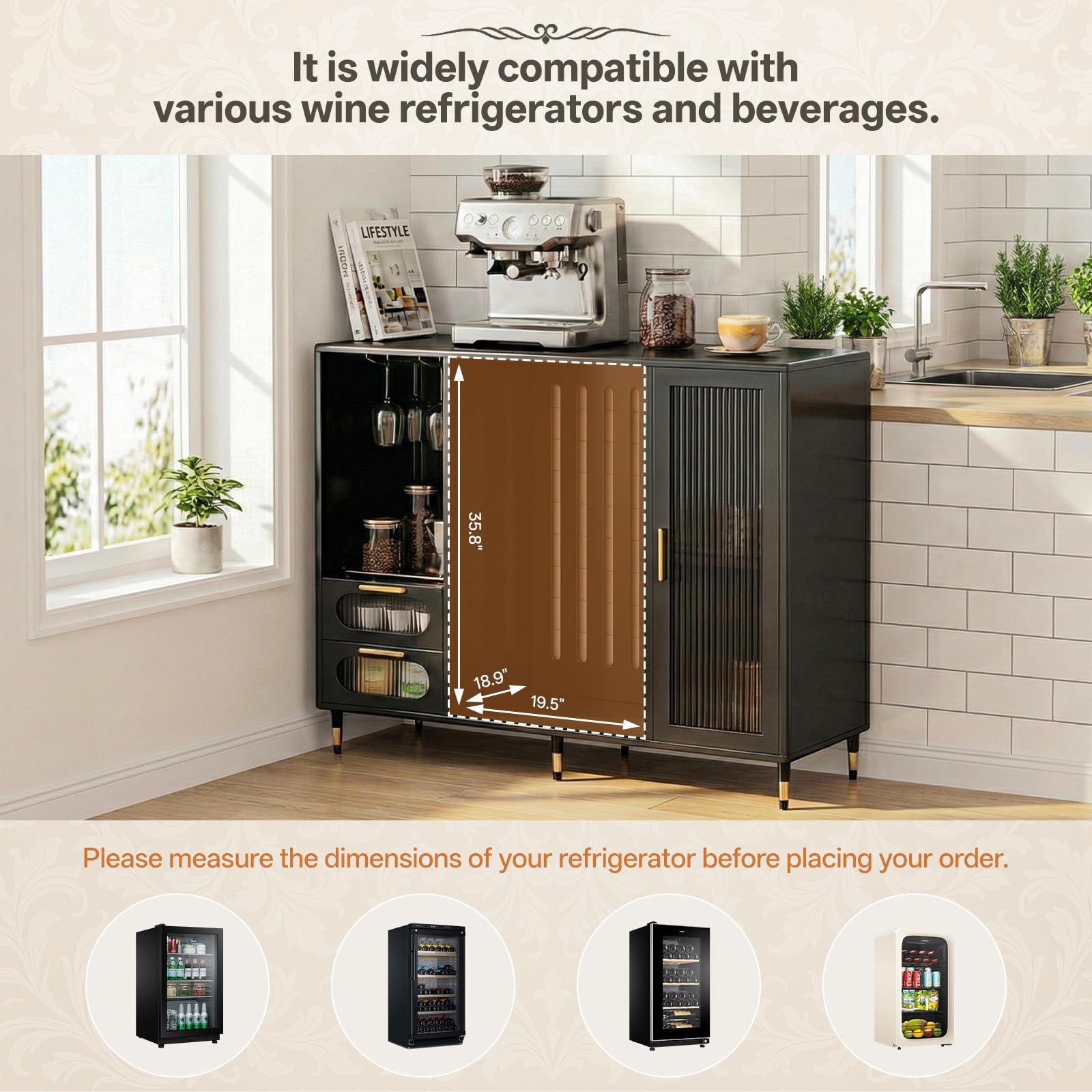 AUN Large Coffee Bar Cabinet with Fridge Space, Modern Luxury Coffee Bar Cabinet with Gold Accents, Wine Glass Rack & Glass Doors, 47.2-Inch Wide Multipurpose Display Storage Cabinet for Home, Black