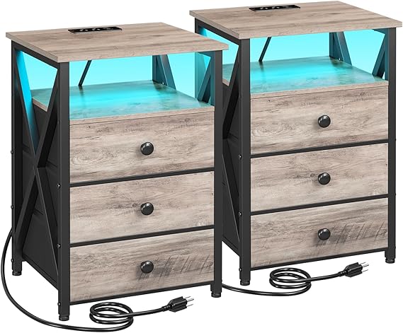 LED Nightstand Set of 2 with Charging Station