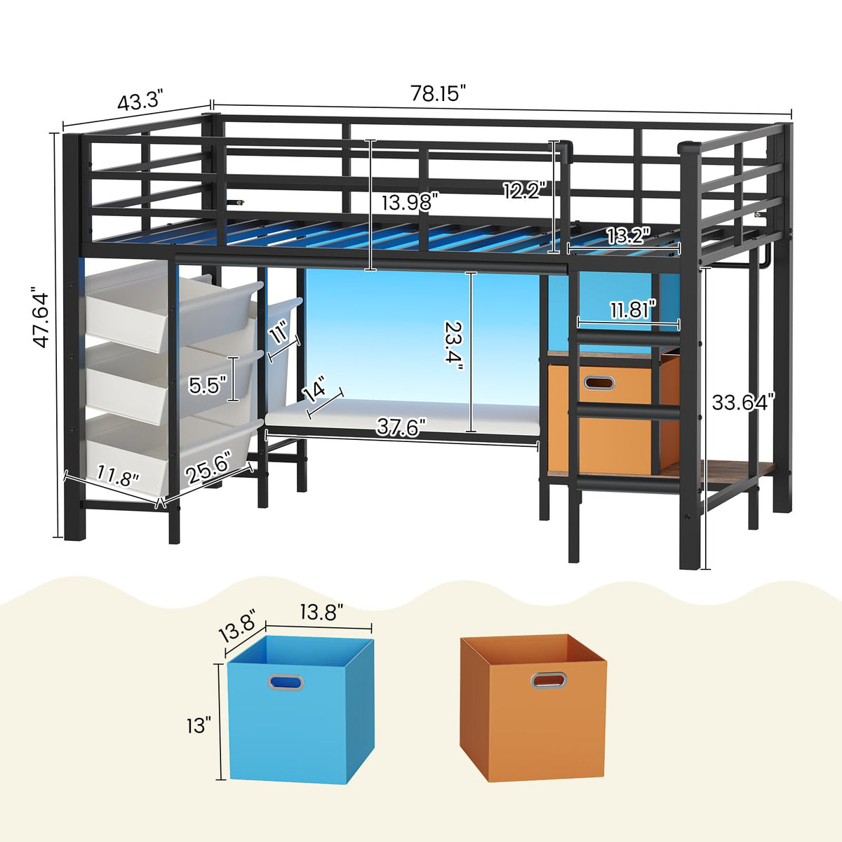 DICTAC Low Loft Bed Twin Size with Storage Bins and Reading Corner, Black