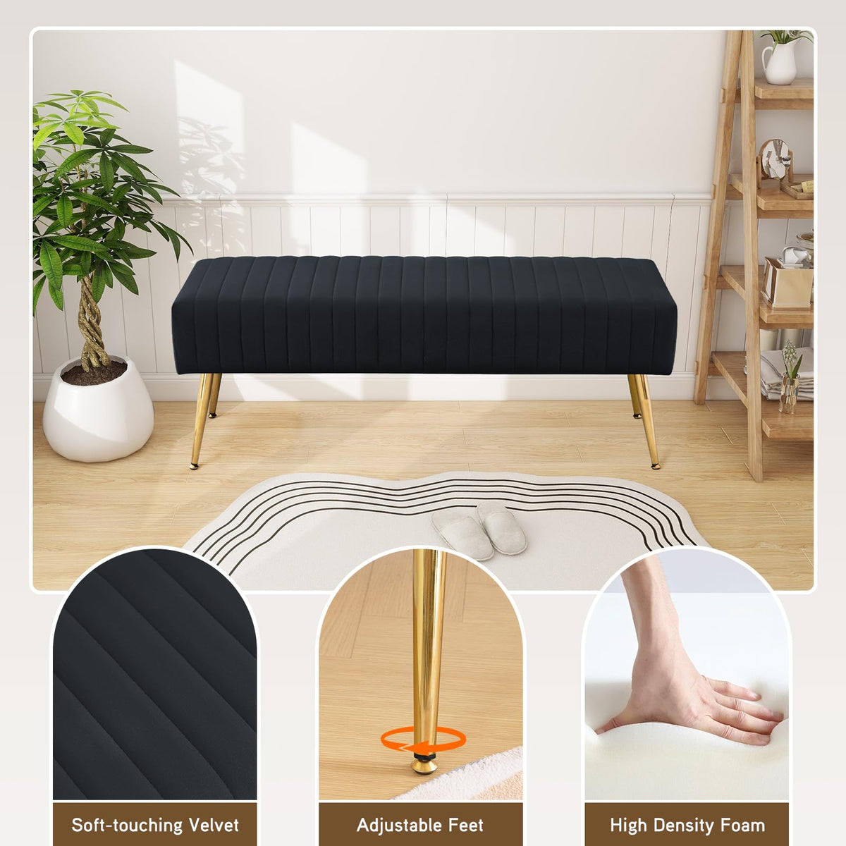 Black Velvet Bench with Gold Legs