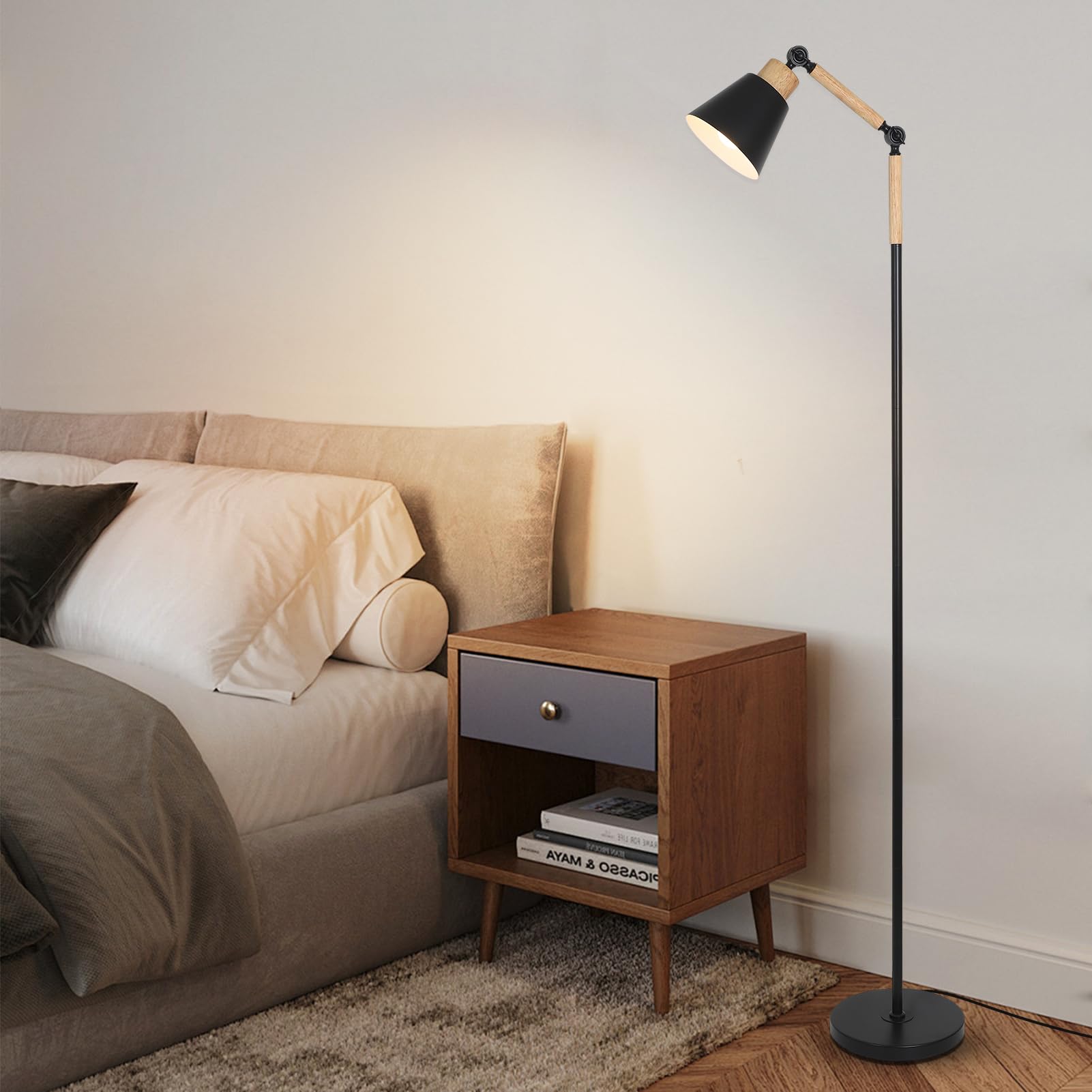 HMVPL Farmhouse Floor Lamp for Living Room, Rustic Standing Lamp with 5W 3000K Bulb, Wood Corner Floor Lamp with Foot Switch, Height Adjustable, Boho Pole Tall Lamp for Bedroom Reading Office Nursery