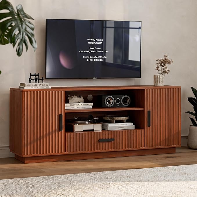 Fluted TV Stand with Storage Cabinets & Drawer, Fits TVs Up to 70"