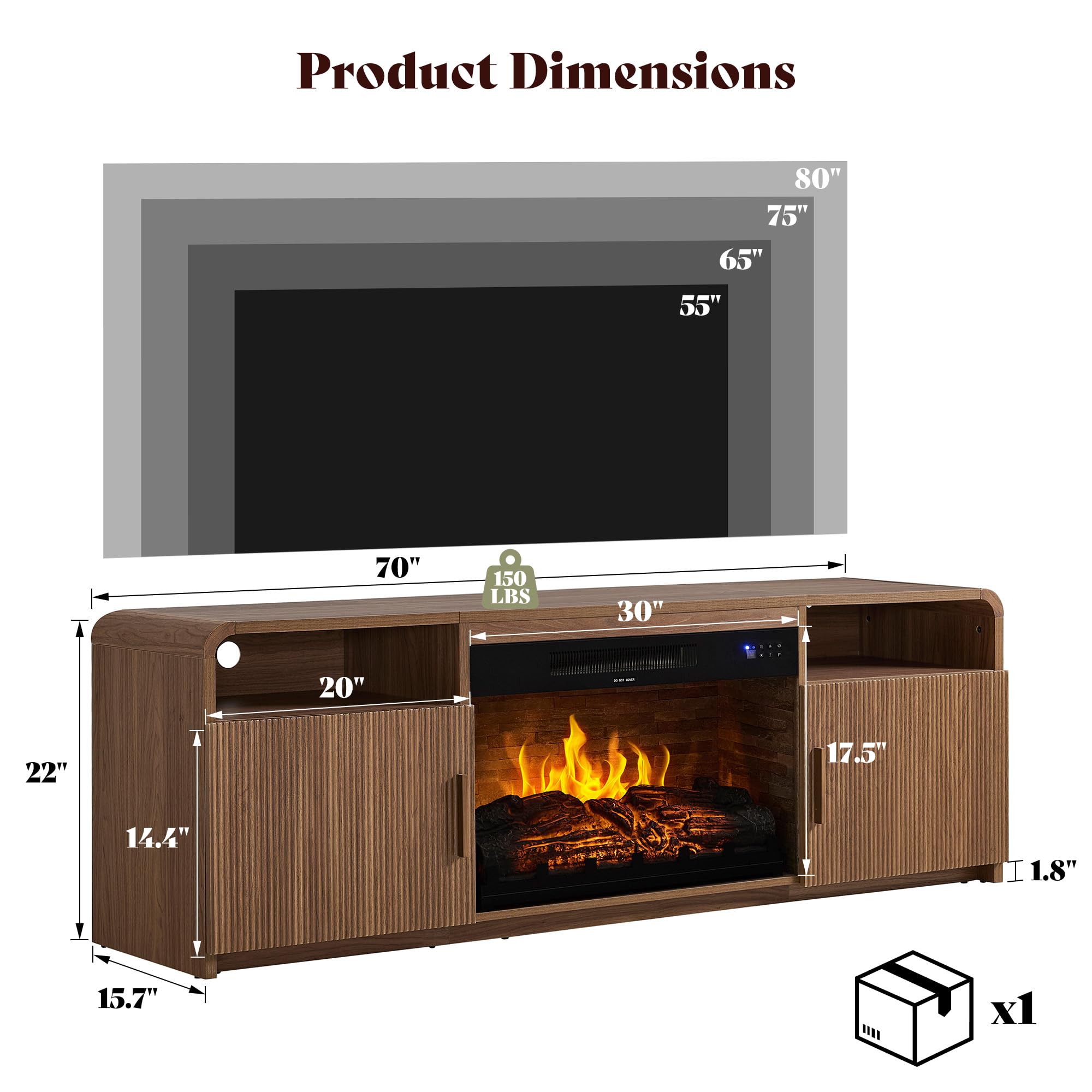 70" Fluted TV Stand with 30" Electric Fireplace