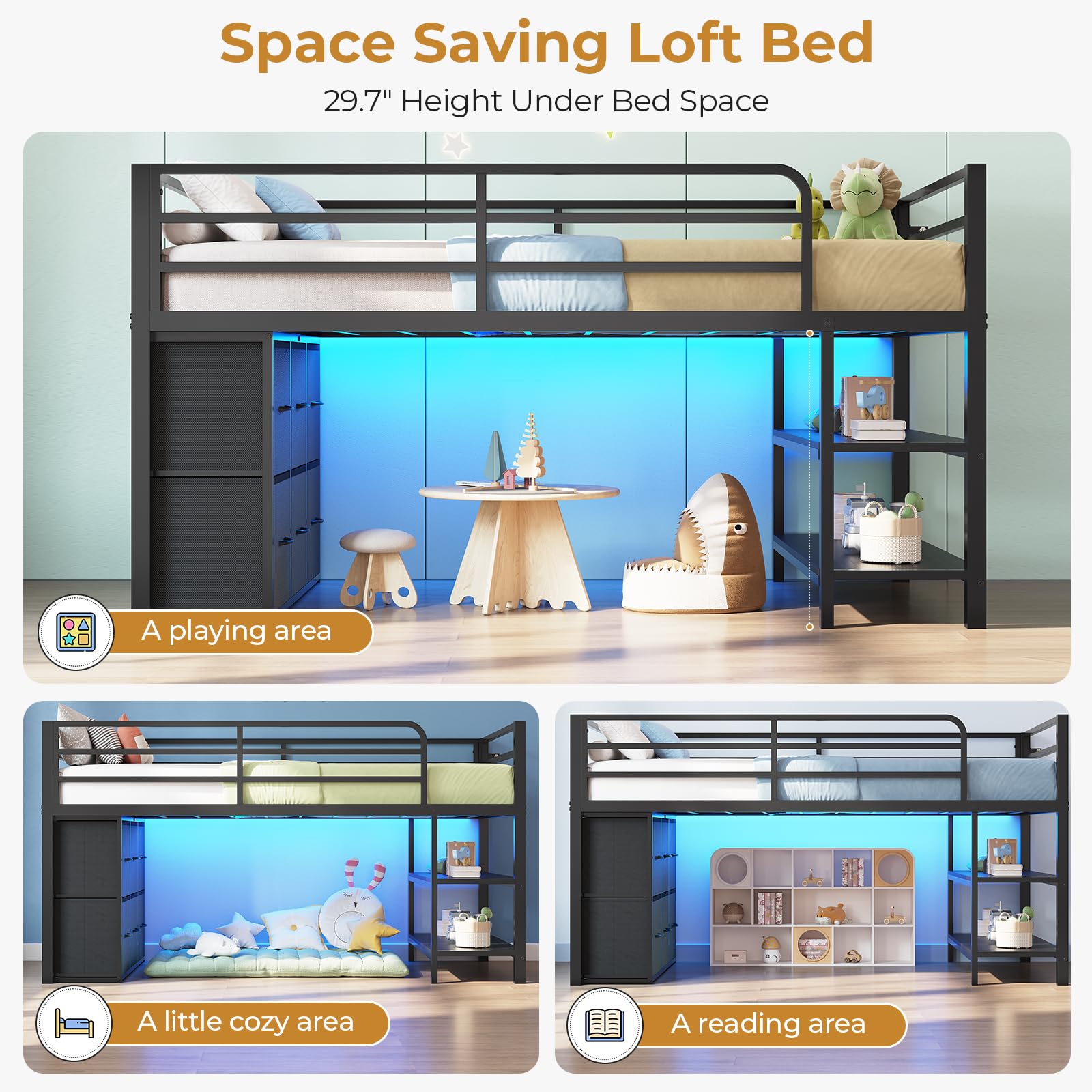 ADORNEVE Low Loft Bed Twin Size with 6 Storage Drawers, Twin Loft Bed with LED Lights, Metal Kids Loft Bed with Open Storage Shelves, Twin Bed Frame with 15" H Safety Guardrail for Kids, Black