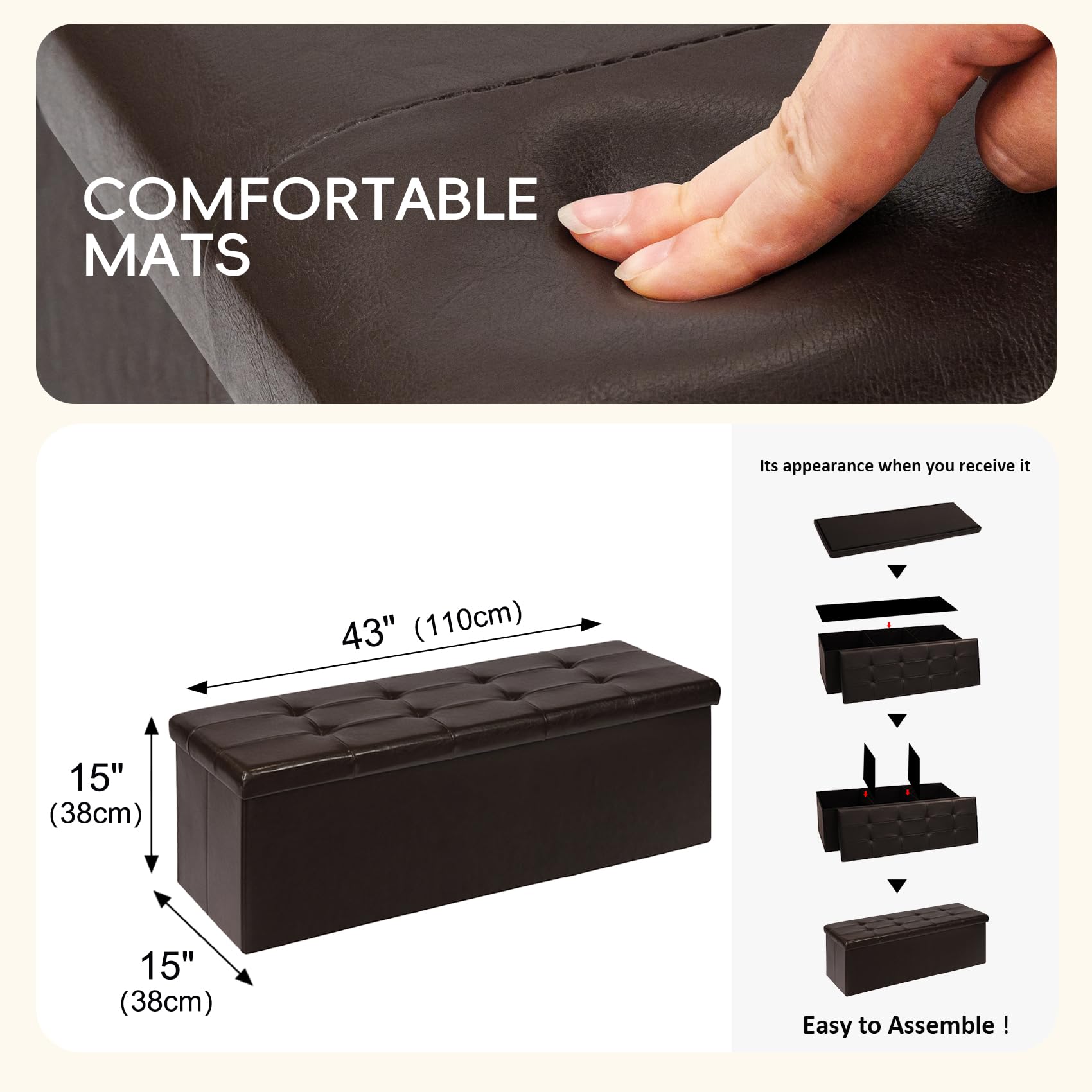 Folding Storage Ottoman Bench with Faux Leather Upholstery