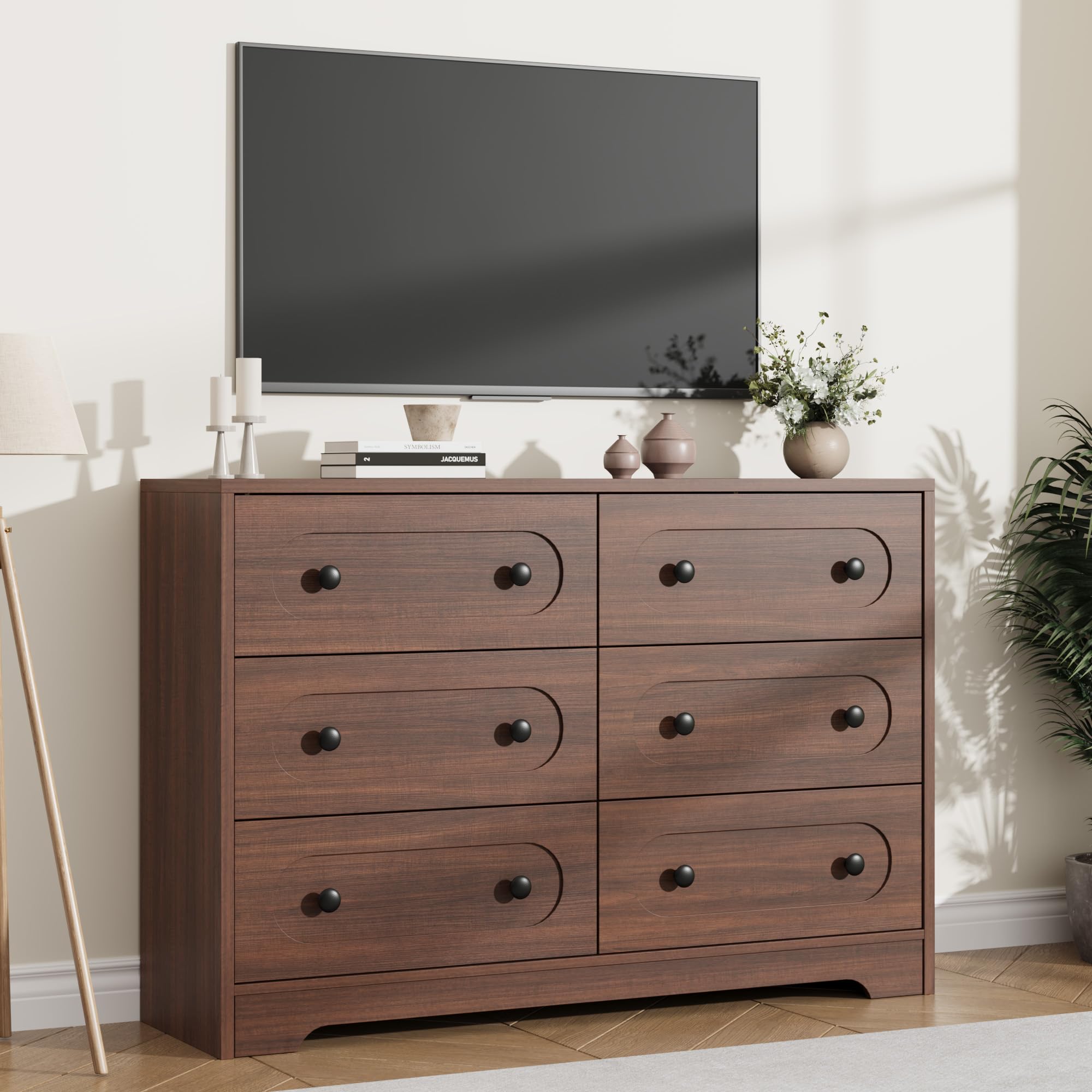 Garvee 6 Drawer Dresser for Bedroom, 47" Wide Large Dresser with Deep Drawers & Metal Knobs, Wooden Mid Century Modern Chest of Drawers for Living Room, Entryway, Hallway, Walnut
