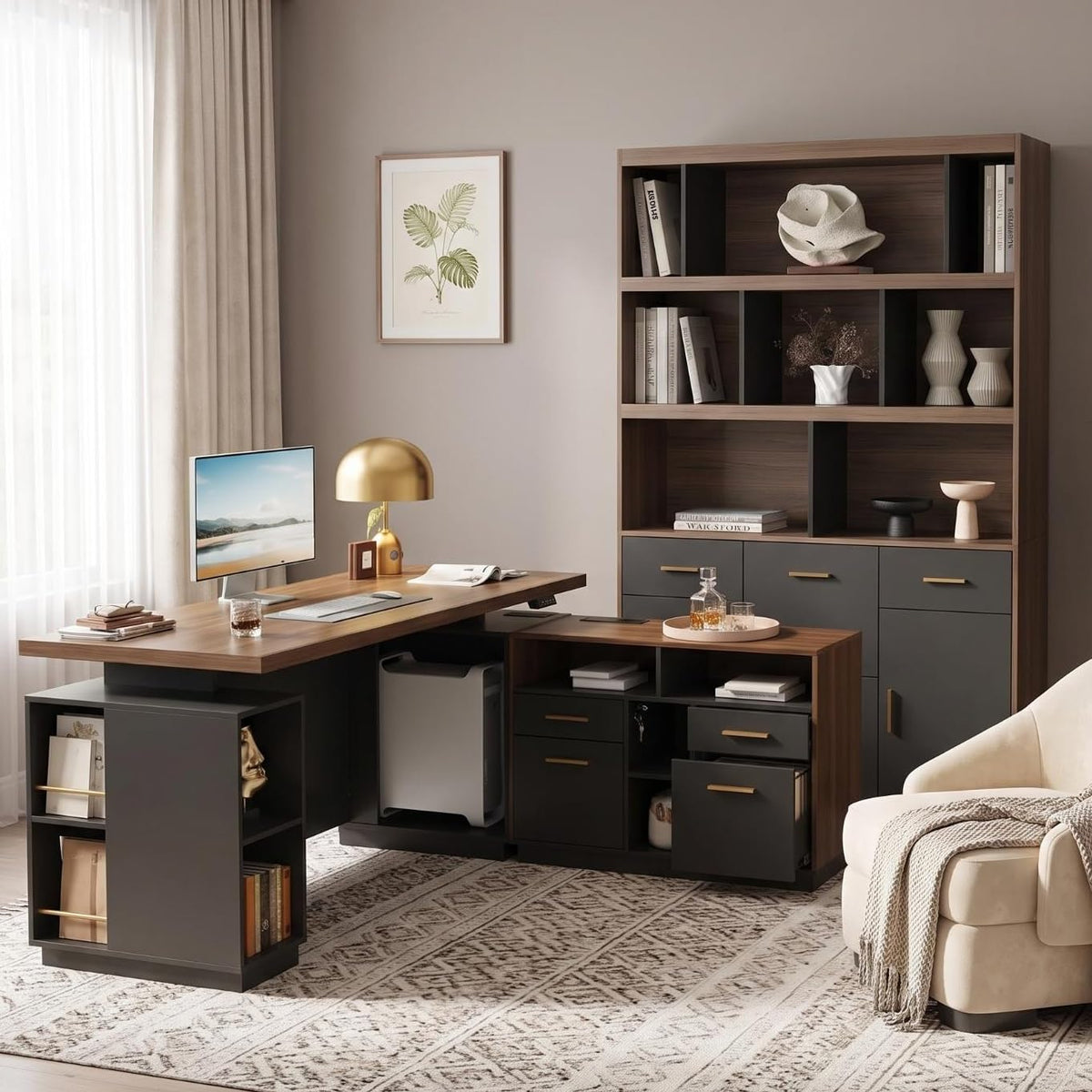ModernMate Home Office Set, 71" L Shaped Executive Standing Desk, Bookcase