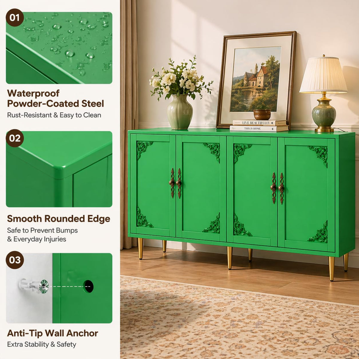 AUN Green Metal Cabinet, Sideboard Buffet Cabinet, TV Stand Cabinet