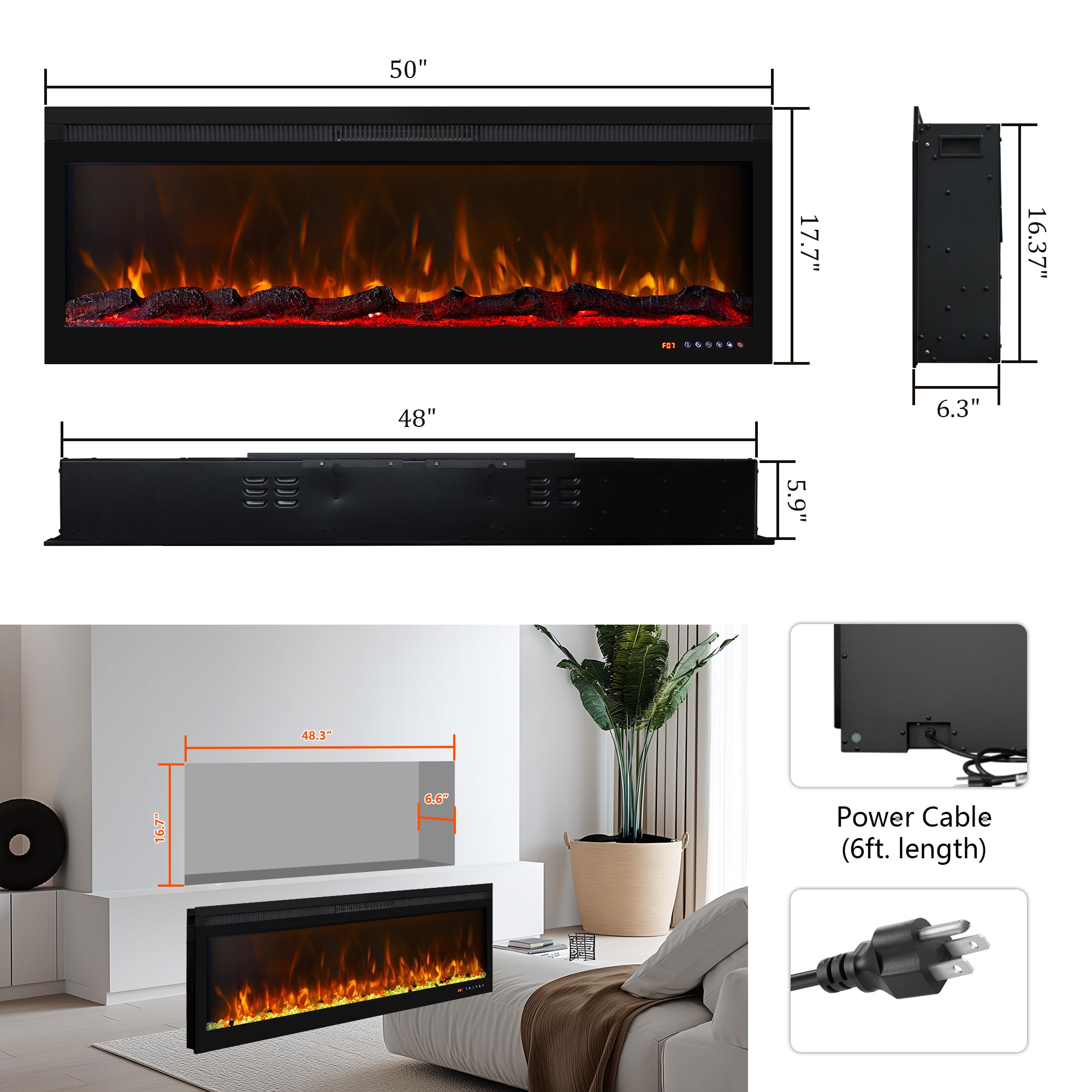 Oxhark Flame 50 Inch Smart Electric Fireplace Insert with Heater, Recessed or Wall Mounted, Remote and App Control, 9H Timer, Adjustable Realistic Flame Effects, 1500W Heater