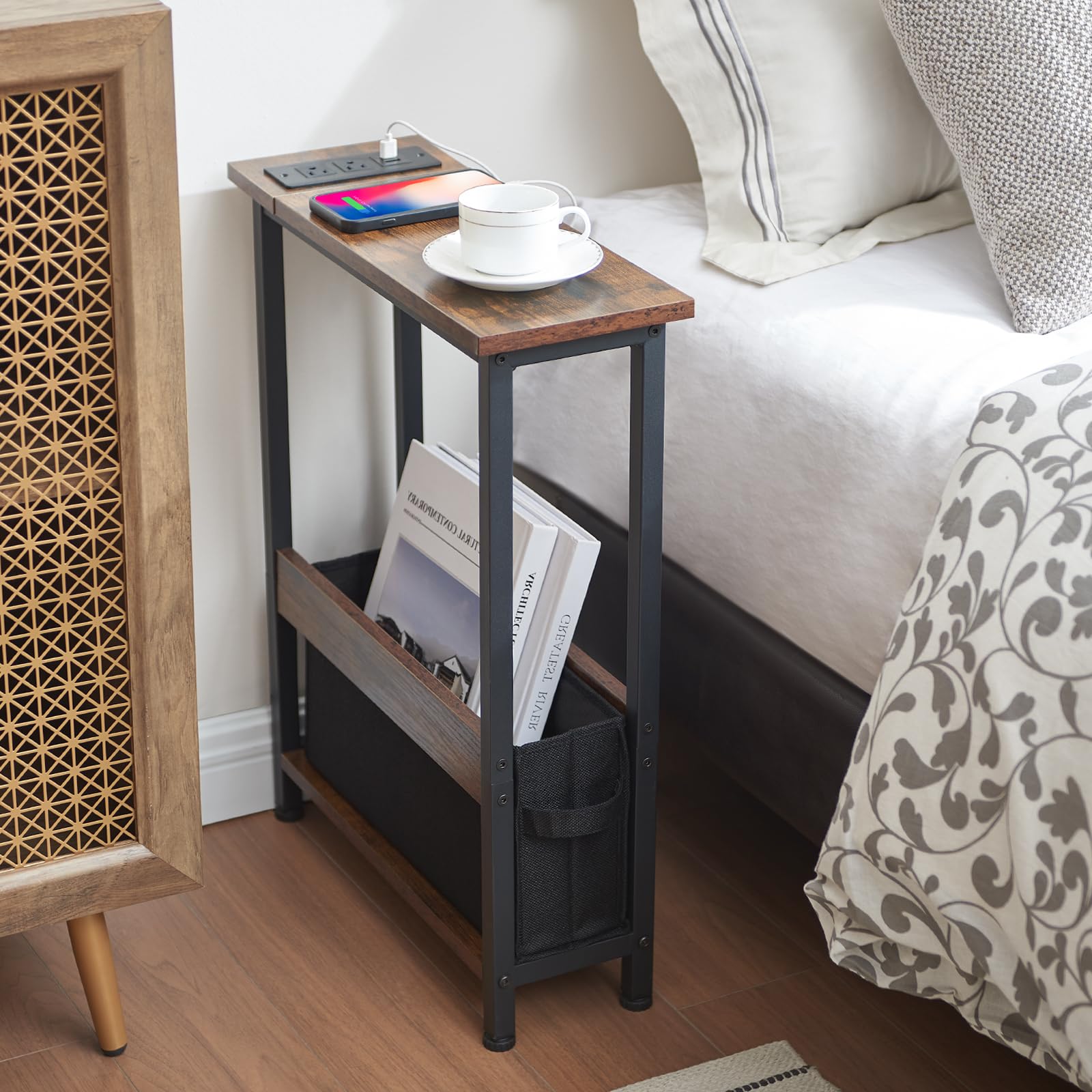 Slim Side Table with Storage, Drawer & USB Charging Ports