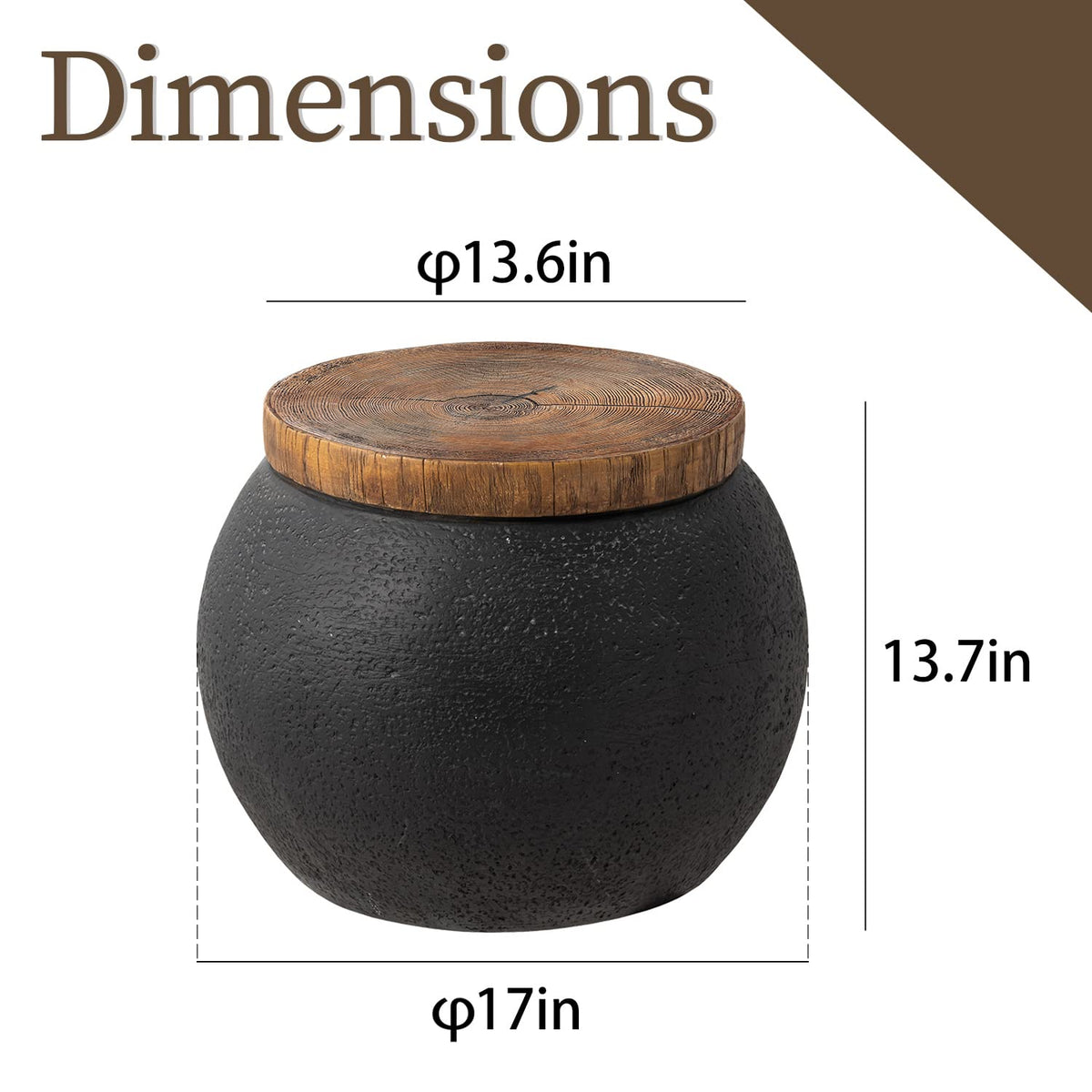 COSIEST Outdoor Side Table,Black Drum Outdoor End Tables,17" Concrete Patio Side Table for Outside Faux-Wood Top Accent Side Table Stool for Livingroom,Bedroom,Garden
