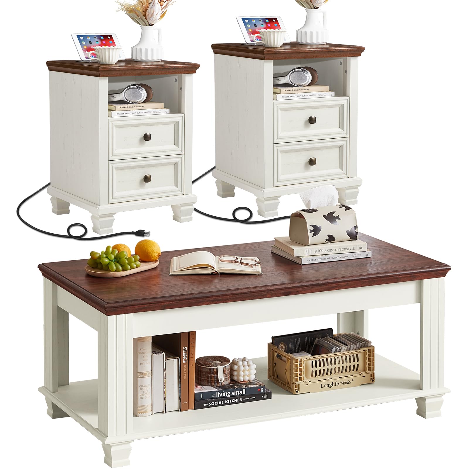 Farmhouse Coffee Table Set of 3 with Drawers