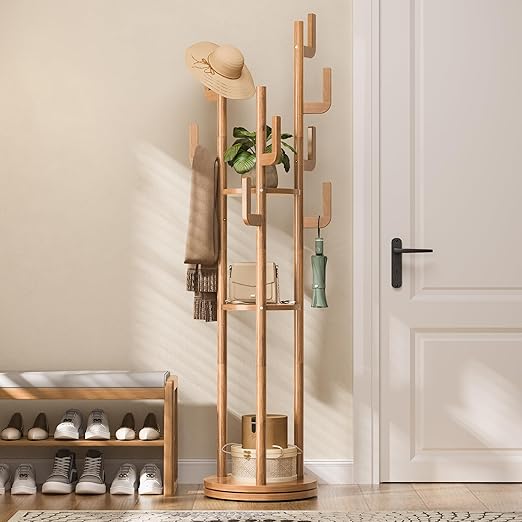 360° Rotating Freestanding Coat Rack with 9 Hooks & 3 Shelves