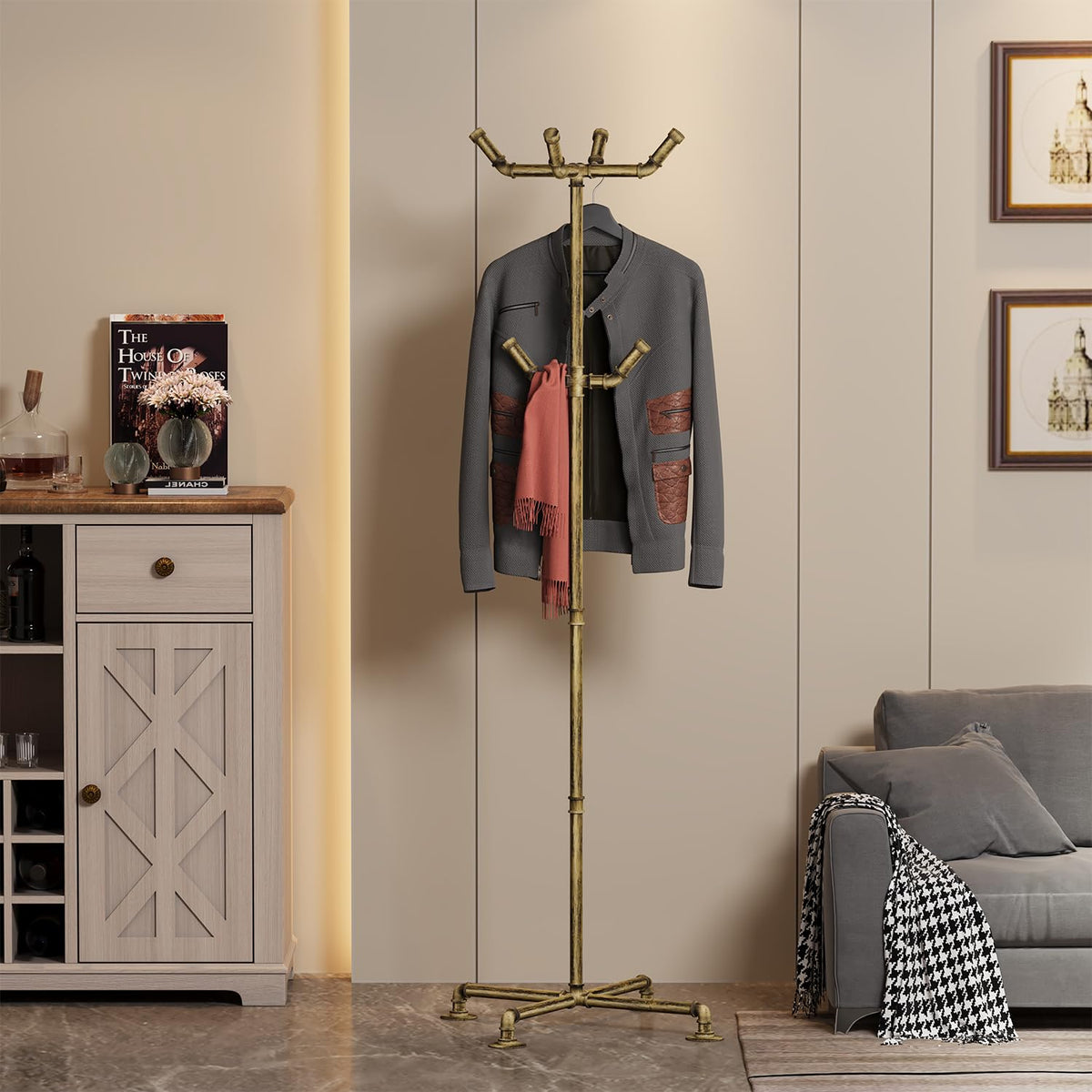 THRONKENGER Industrial Coat Rack, Metal Pipe Coat Rack Stand Freestanding with 6 Hooks, Heavy Duty Coat Tree Sturdy Coat Racks for Entryway, Hallway, Bedroom (Vintage gold)