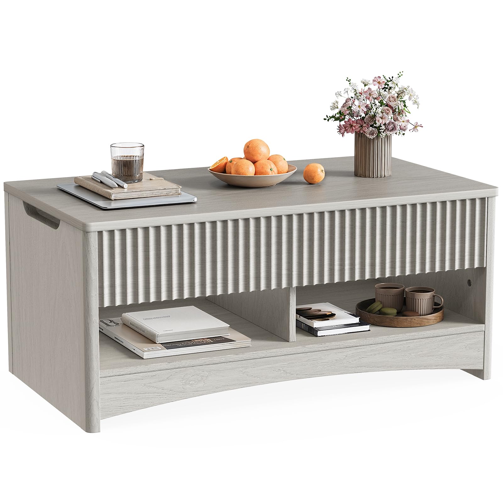 Marsail Lift-Top Coffee Table, Fluted Center Table with Hidden Compartments, Smooth Lifting & Space-Saving Design, Versatile Wood Coffee Table for Living Room and Office, Grey