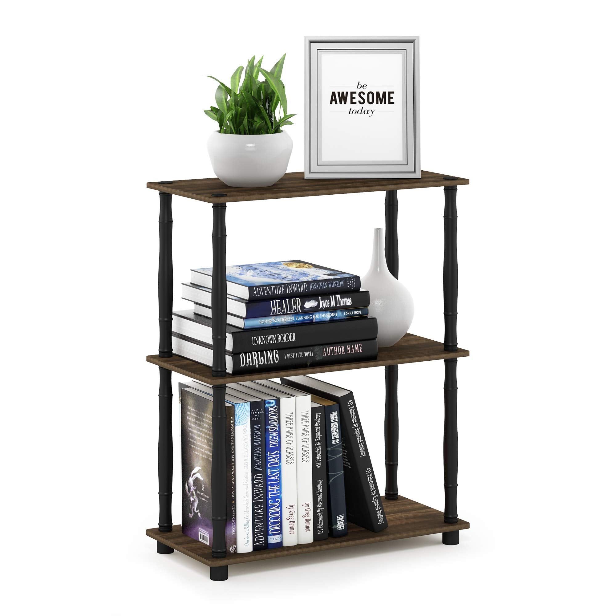 Furinno TURN-N-TUBE Storage Shelves, 3-Tier Book Shelf, Corner Shelf, Toolless Open Shelves, for Organization and Storage, Living Room, Garage, Home Office, Columbia Walnut