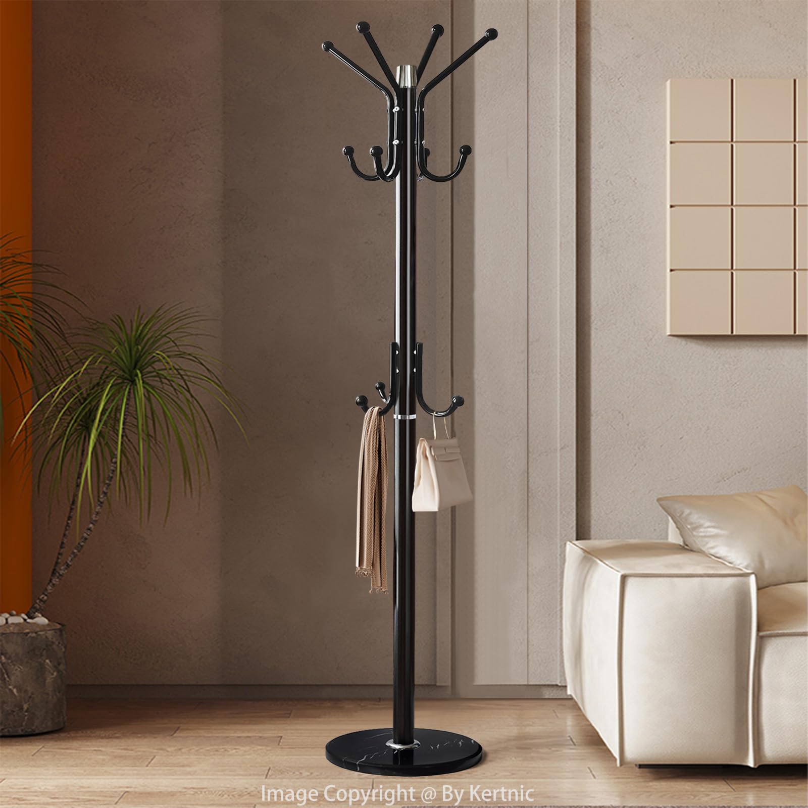Freestanding Coat Rack with Marble Base & 11 Hooks