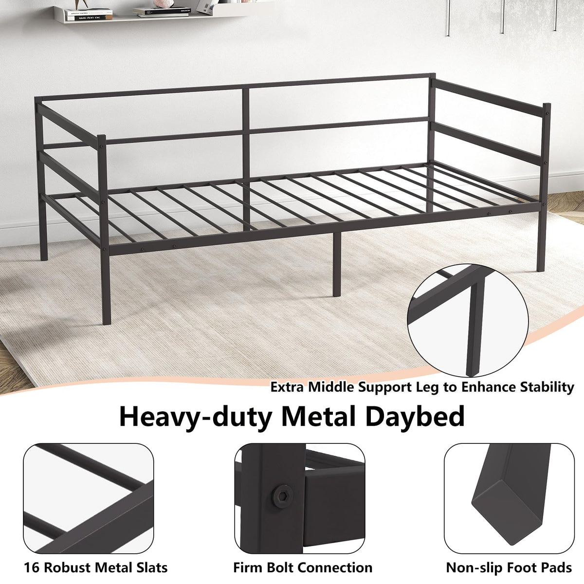 KOMFOTT Metal Daybed Frame Twin Size, Heavy-Duty Steel Slats Support Sofa Bed, Platform Mattress Foundation, Multifunctional Platform Bed Frame, Day Bed for Living Room & Guest Room