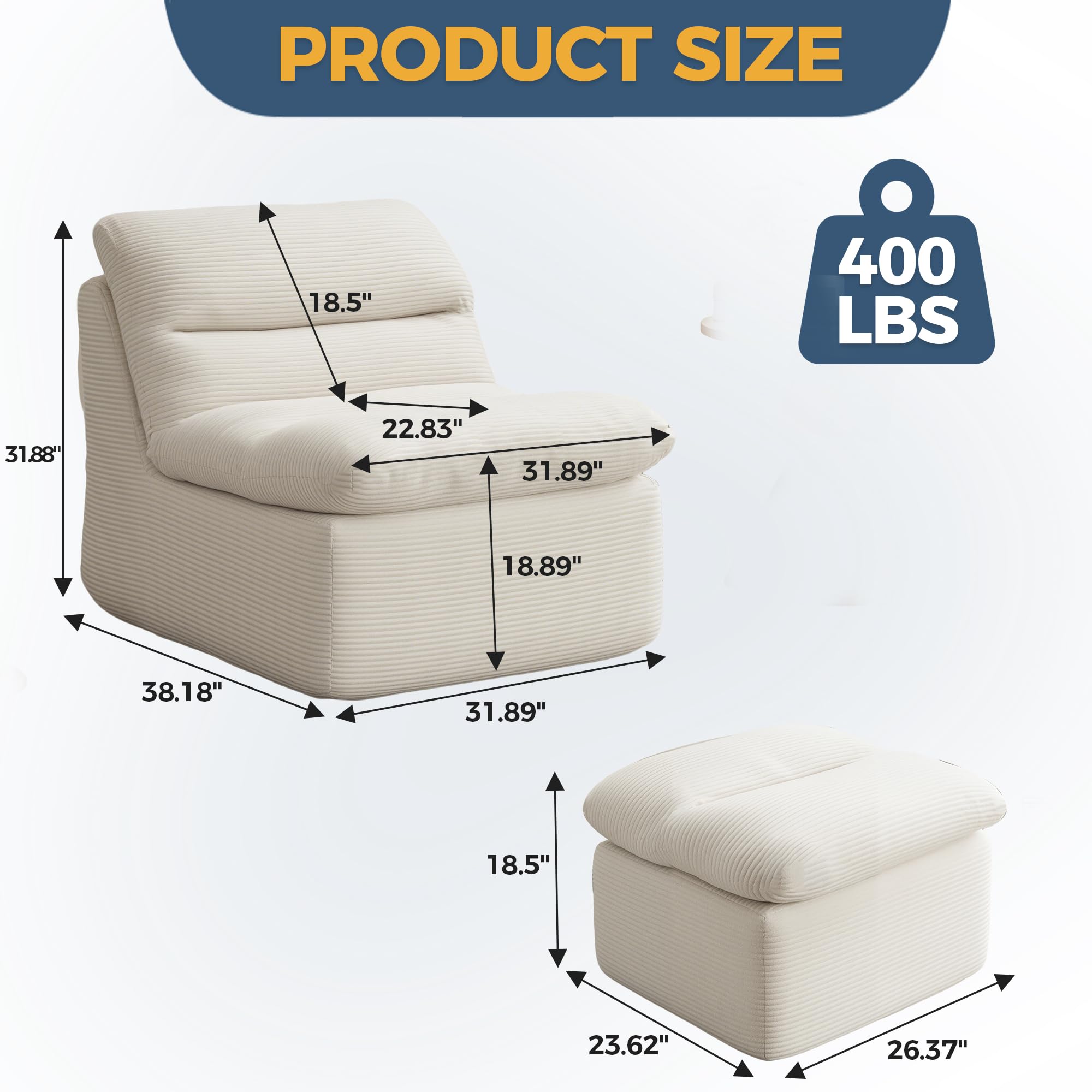 DRKAT 38" Bean Bag Chair with Ottoman, Big Corduroy Chaise Lounge Chairs for Adults, Tufted Upholstered Lazy Sofa for Living Room, Bedroom, Balcony, Beige