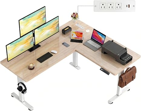 L-Shaped Electric Standing Desk 63" x 55" with Outlets & Mouse Pad