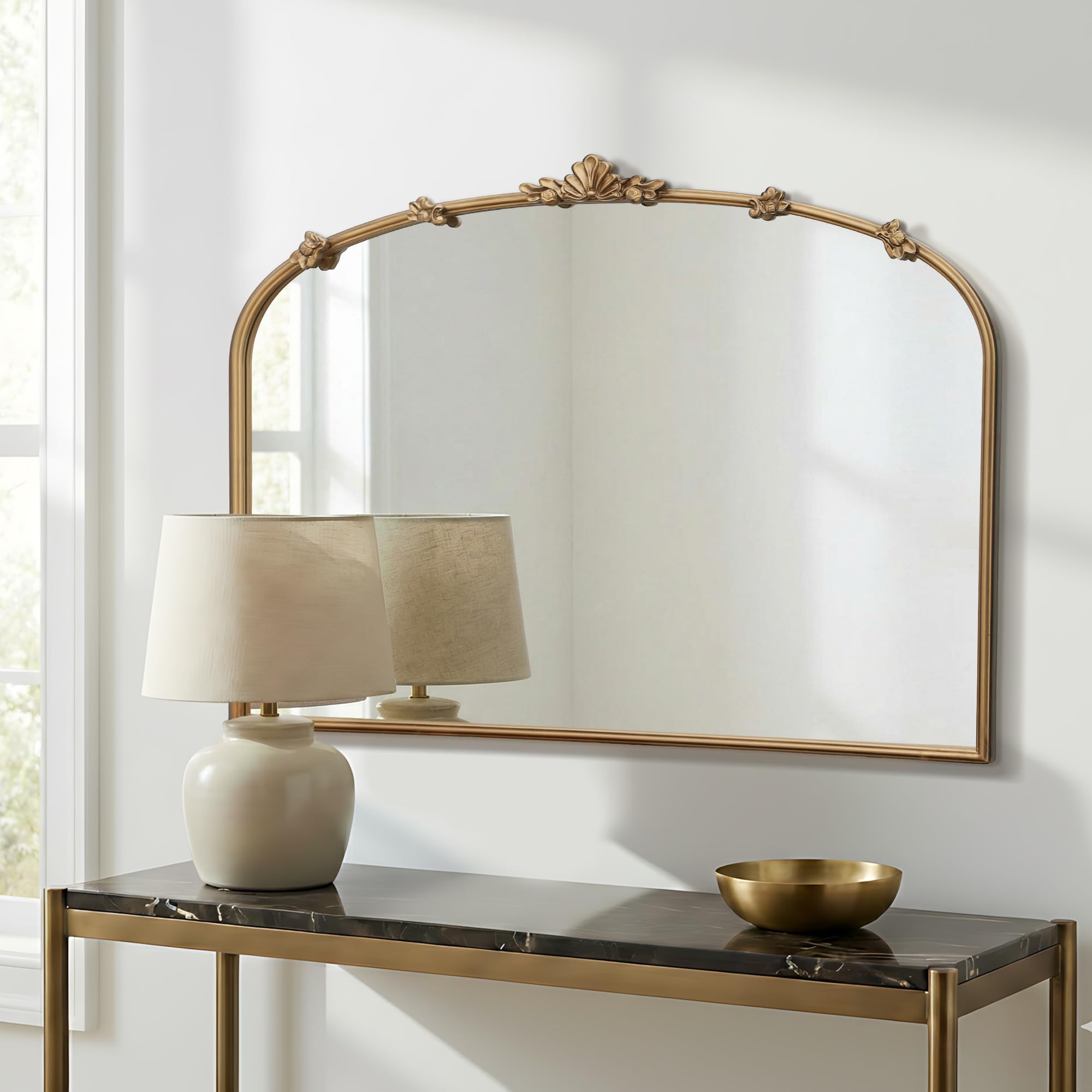 Besdomus Large Vintage Gold Mirror: 40"x29" Traditional Ornate Antique Arched Mirror - French Baroque Decorative for Wall/Mantel/Bedroom/Entryway/Bathroom/Hallway - Home Decor for Fashion-Conscious