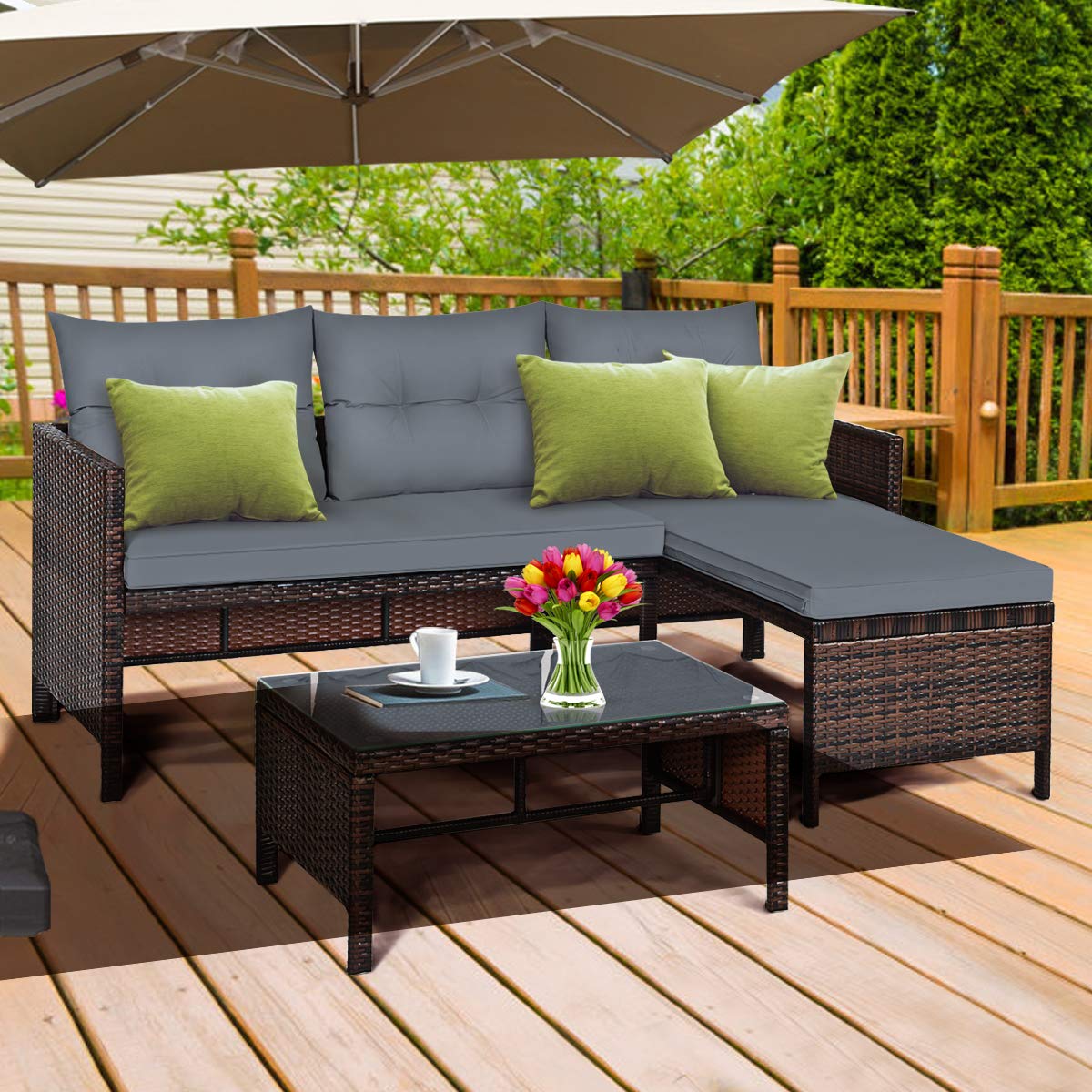 L-Shaped Outdoor Sectional Sofa Set, 3-Piece PE Rattan Patio Furniture with Coffee Table