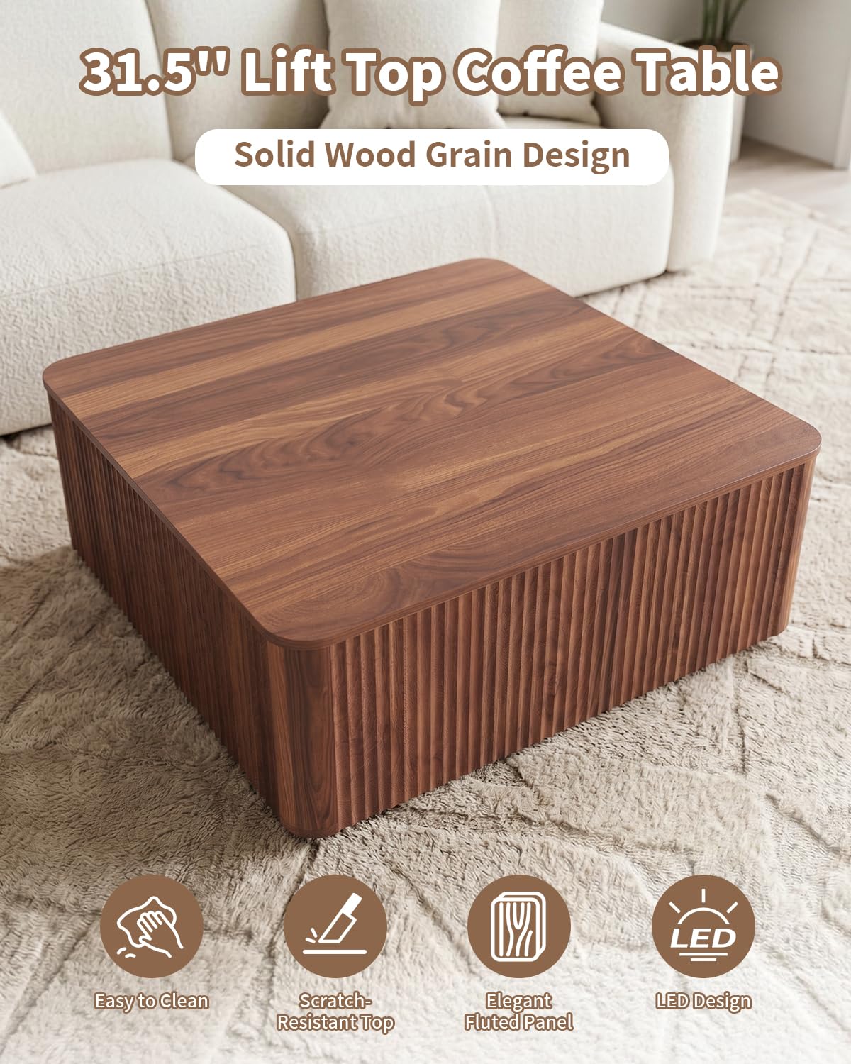 ASDHVCCO Lift Top Coffee Table, Farmhouse Square Fluted Center Table, 31.5" Modern Wooden Tea Table with Hidden Storage LED for Living Room, Apartment, Small Spaces, Walnut