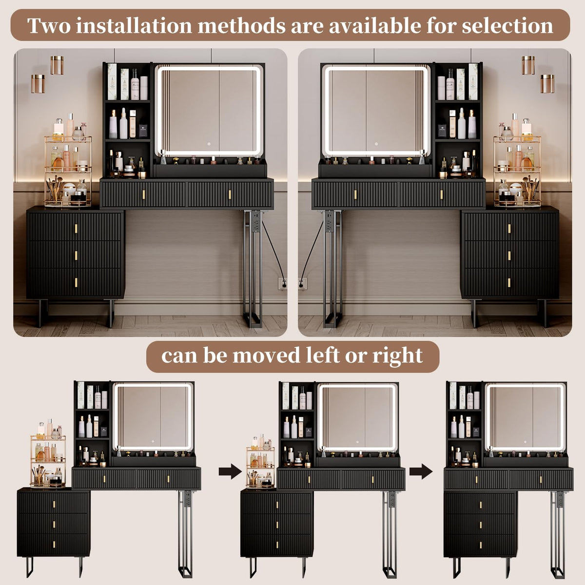 Large Vanity Desk with 3 Color Touch Screen Dimming Mirror, Vanity Desk with Charging Station, Modern Retractable Makeup Dressing Table, Makeup Table With storage shelves and 5 Sliding Drawers, Black