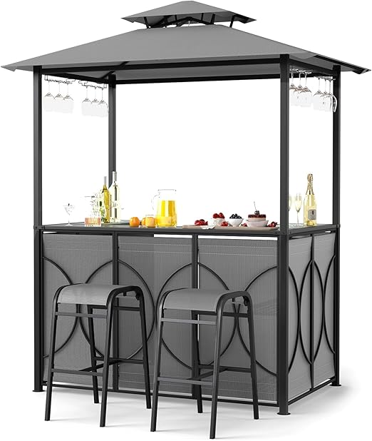 3-Piece Patio Bar Set with Grill Gazebo & Bar Stools