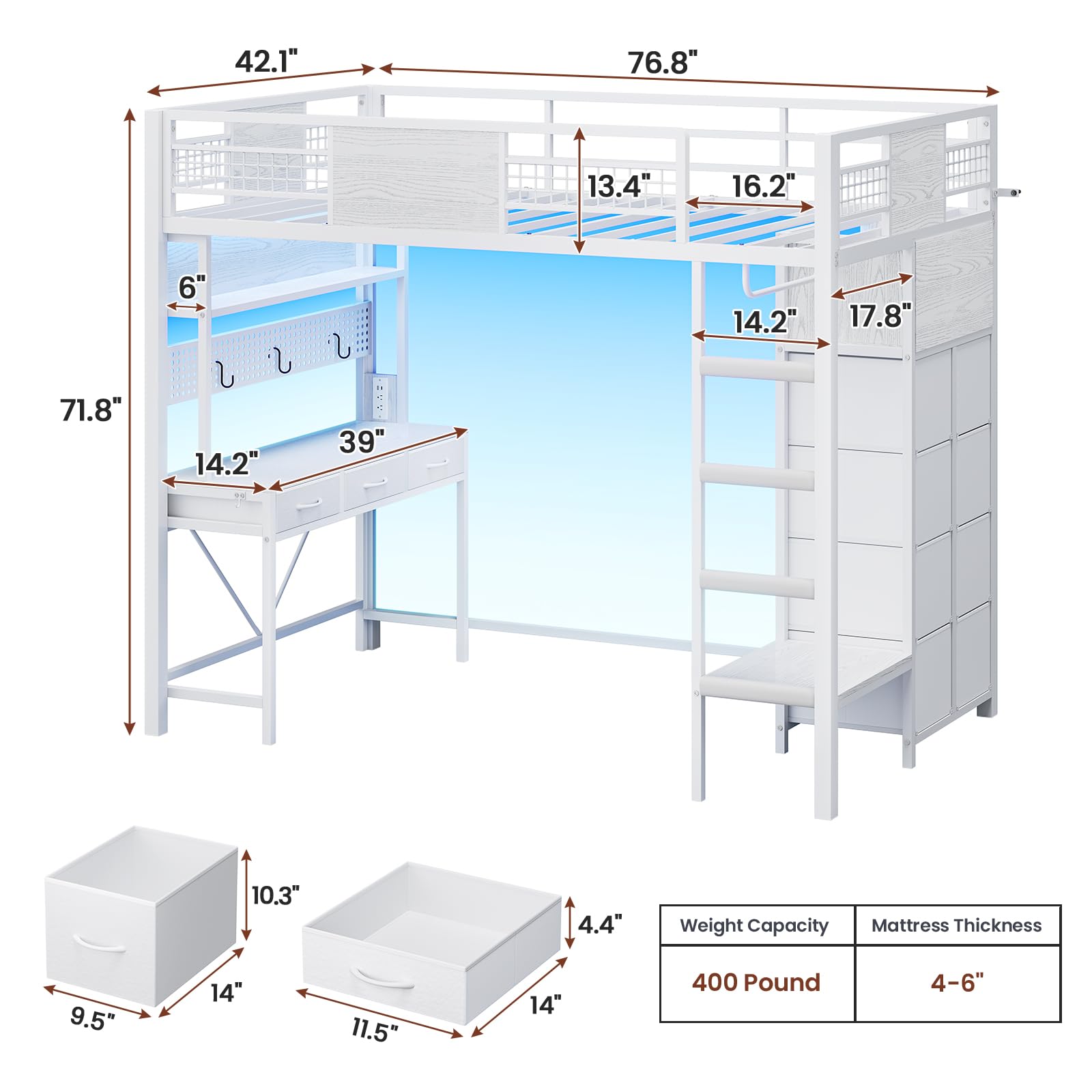 ADORNEVE Twin Size Loft Bed with Desk, 11 Storage Drawers & RGB LED Lights, Metal Loft Bed with Power Outlet, Shelves & Clothing Rack, 13.4" H Safety Guard & Paded Ladder, White