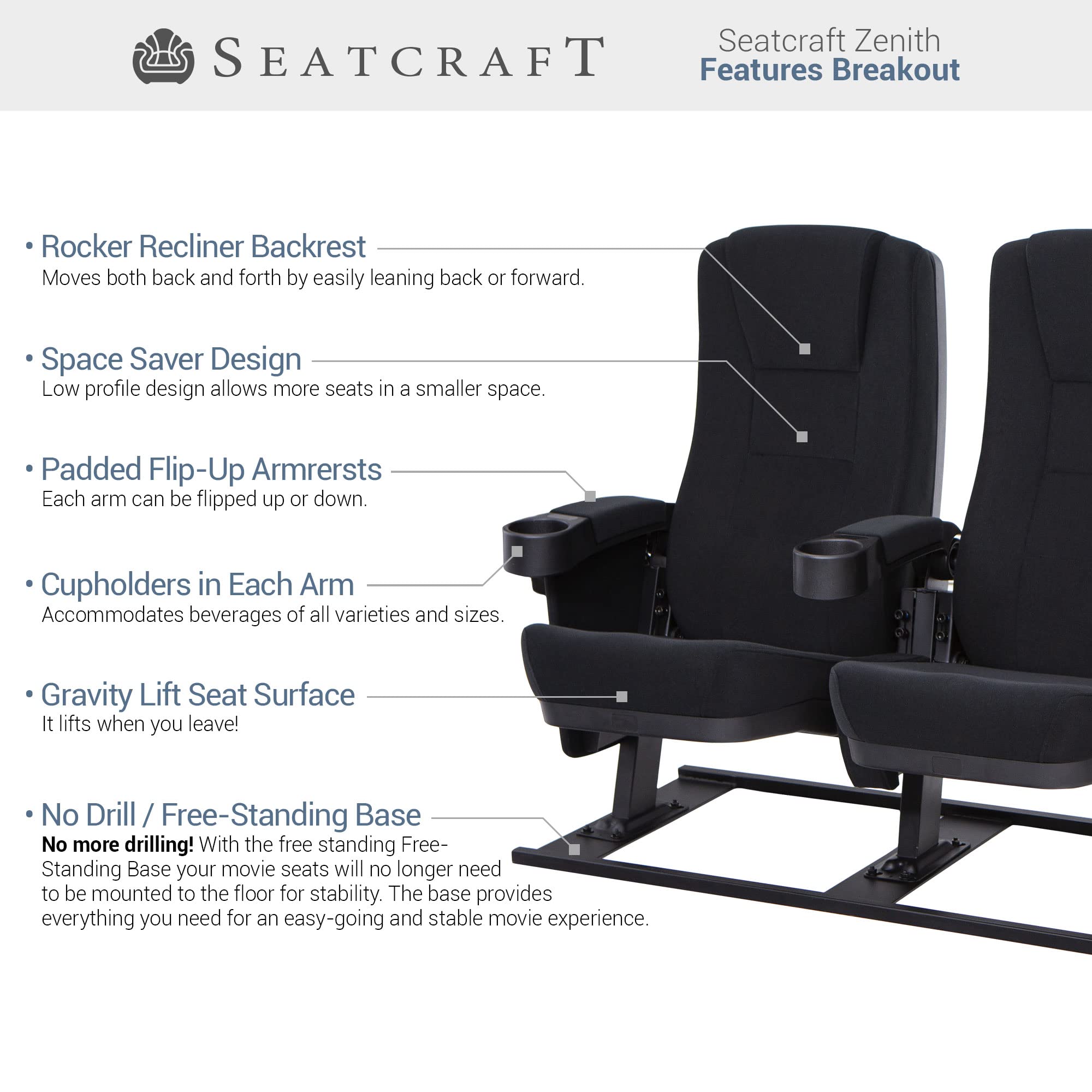 Seatcraft Zenith Movie Theater Seating, Fabric, No-Drill Free-Standing Base, Rocker Recliner, Flip-Up Armrests w/Cupholders, Gravity Lift Seat Surface, Row of 4, Black
