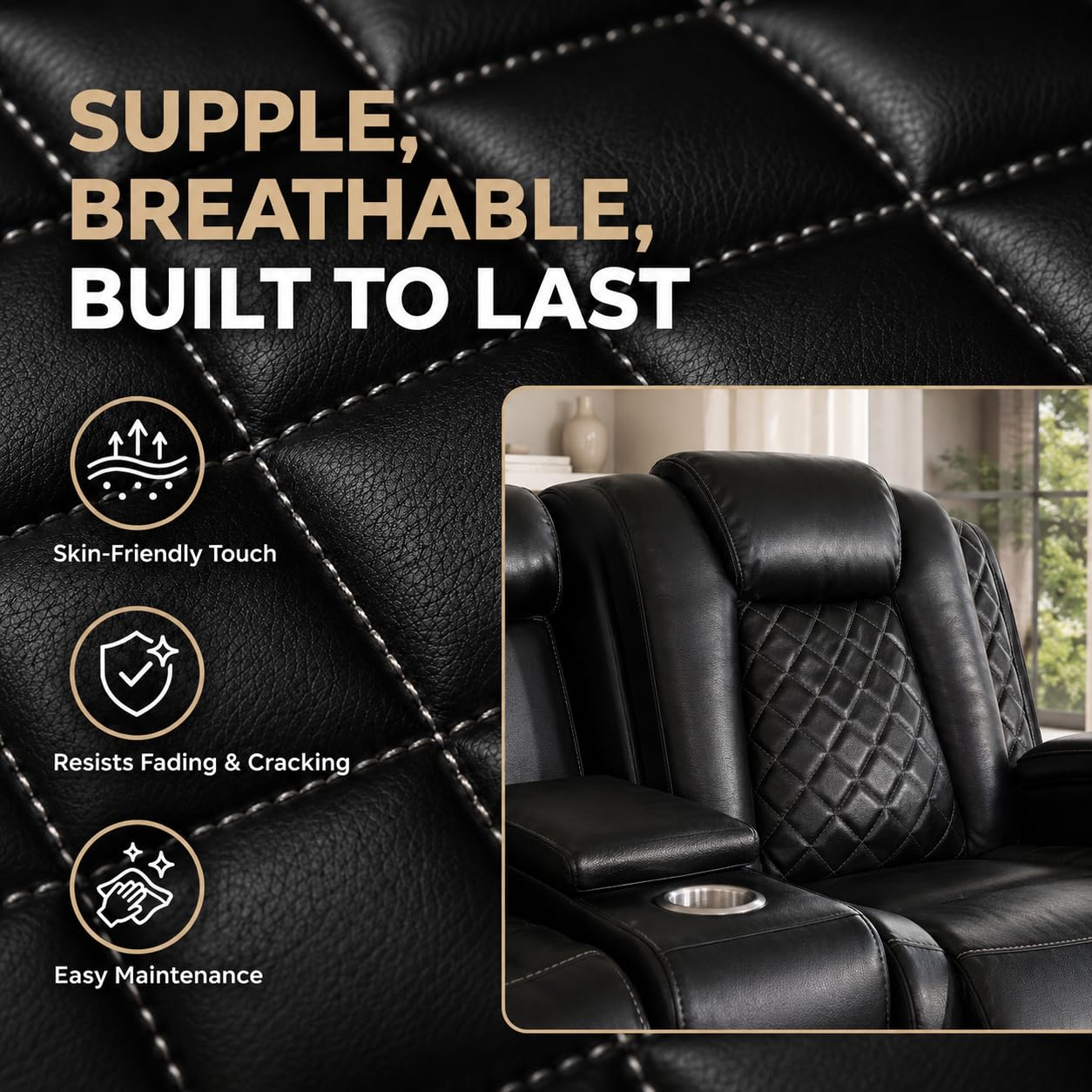 Puduvir Power Reclining Sectional Sofa for Living Room, 3 Pieces Leather Recliner Sofa Set with USB Ports, LED Light, Wireless Charger & Storage Console, Living Room Furniture with Home Theater Seat