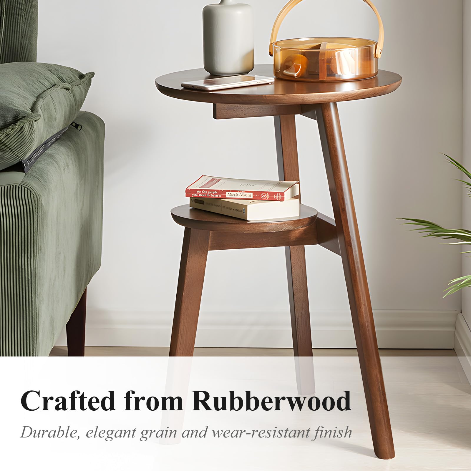 Cttasty Side Table, 2-Tier Round End Tables Living Room, Mid Century Modern Side Table, Round Nightstand, Oak Accent Table, Small Round Coffee Table, 16.54" Dia.x 23.62" H(Walnut)