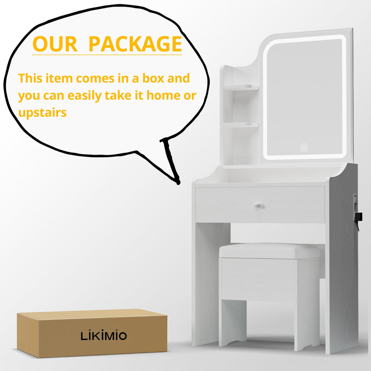 LIKIMIO Small Vanity Desk with Mirror Lights and Storage Stool