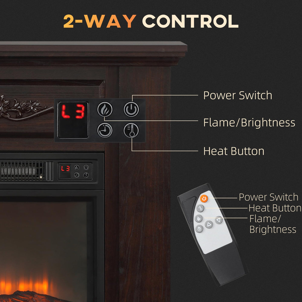 HOMCOM 32" Electric Fireplace with Mantel, Freestanding Heater with LED Log Flame, Overheat Protection and Remote Control, 1400W, Brown