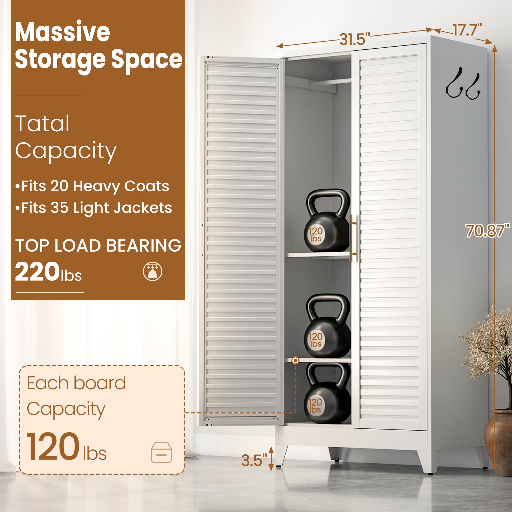 Metal Armoire Wardrobe Closet, 71" Clothing Storage Cabinets with Adjustable Hanging Rod, Louvered Doors, 2 Side Hooks & 2 Adjustable Shelves - Closet Cabinet for Bedroom, Laundry Room, Cloak Room
