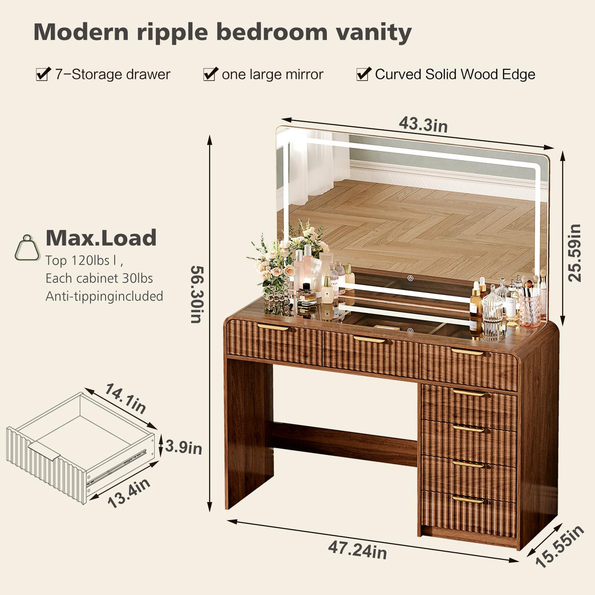 Walnut Makeup Vanity with LED Mirror