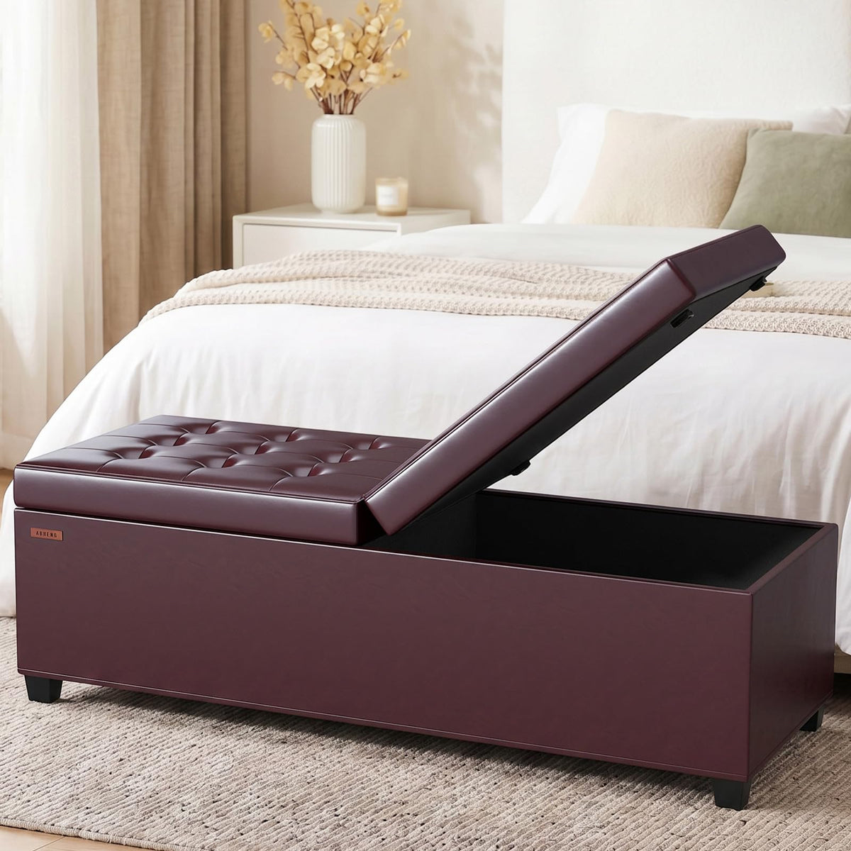 Burgundy Storage Ottoman Bench
