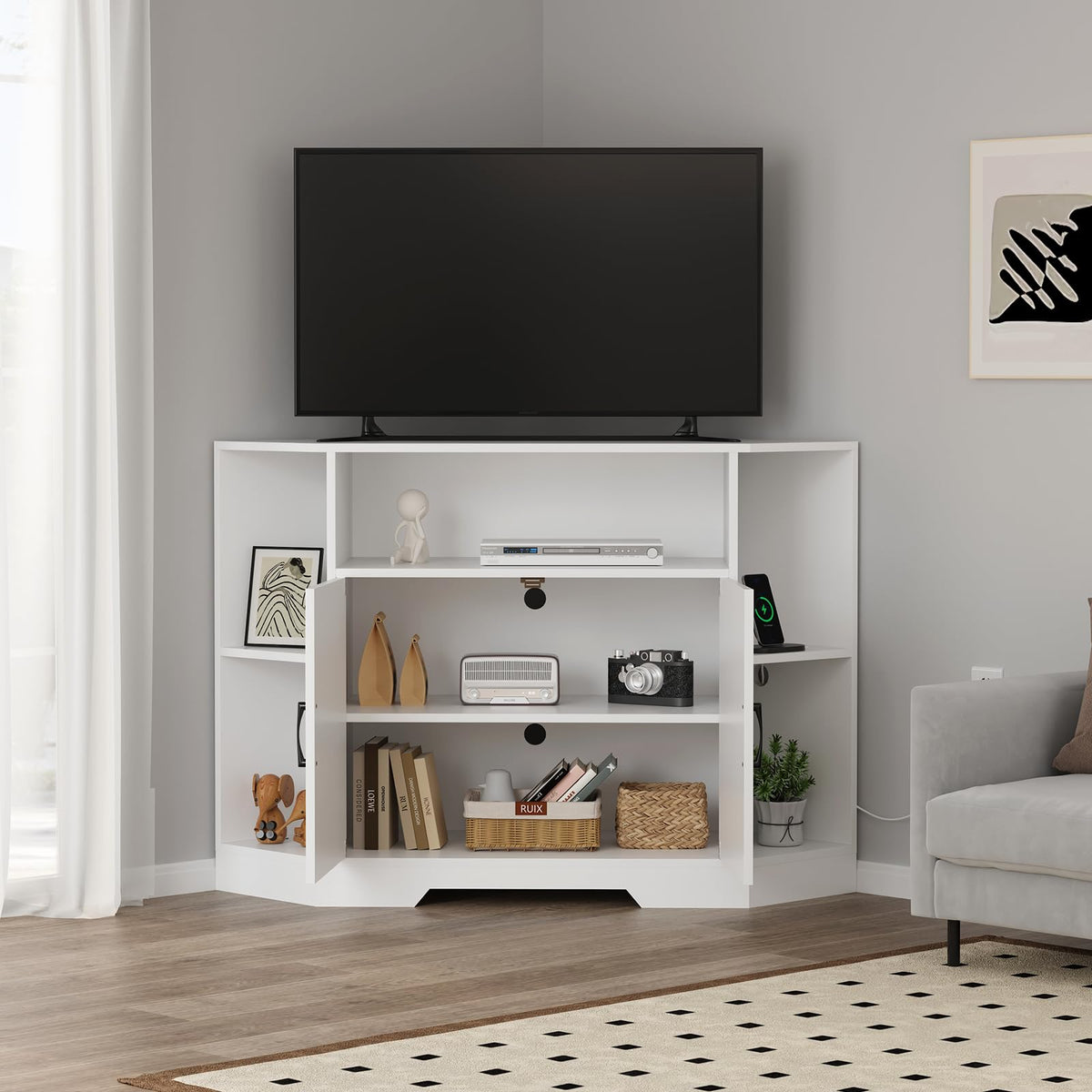 Garvee Corner TV Stand for TVs Up to 55 Inch with Power Outlet & Barn Doors