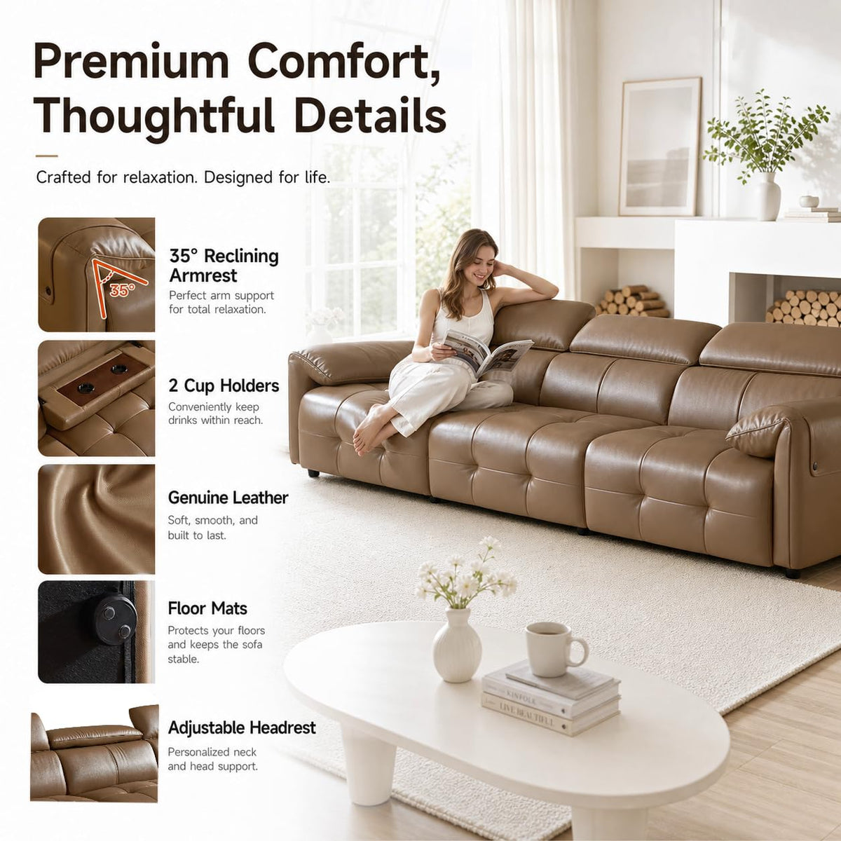 Genuine Leather Sofa with Adjustable Headrests, 122" Modern Modular Sectional Couch with Drop-Down Cup Holder Console, 3-Seater Leather Couches with Solid Wood Frame for Living Room, Office, Brown