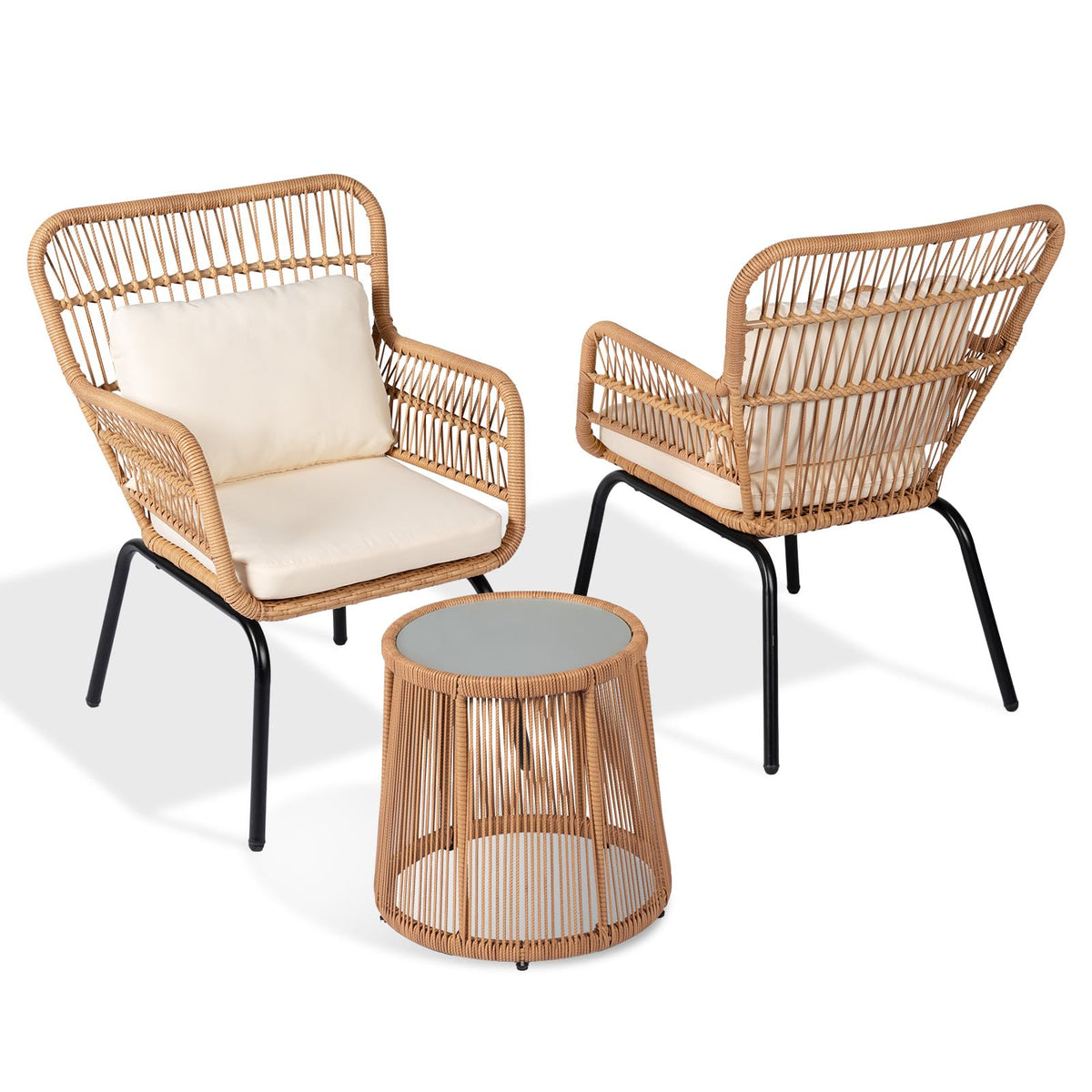 Tappio 3 Piece Outdoor Wicker Bistro Set, Patio Conversation Sets w/2 Large Rattan Chairs and Tempered Glass Table, Patio Furniture for Balcony, Porch, Poolside, Backyard, Beige