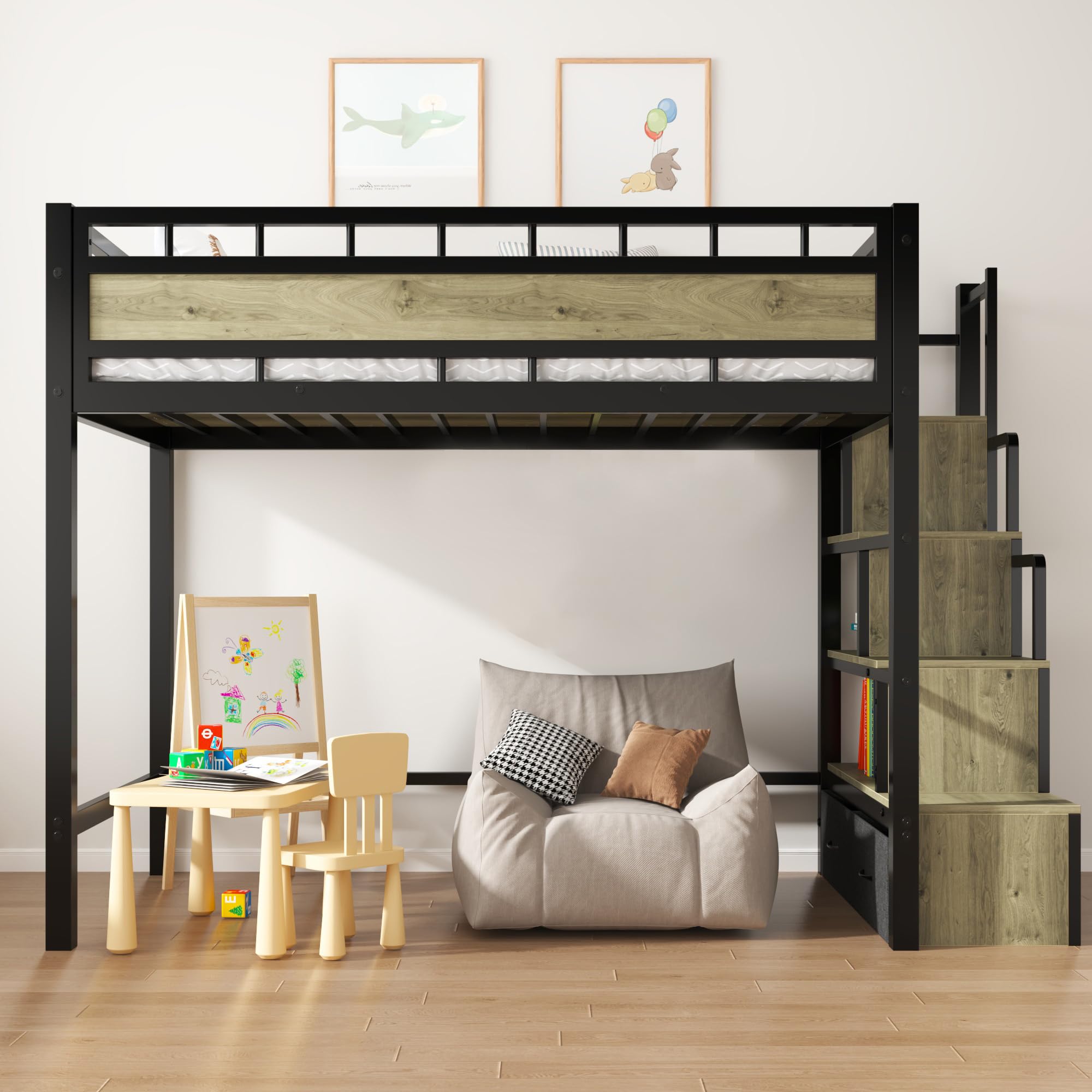 Twin Loft Bed with Storage Stairs & Drawers