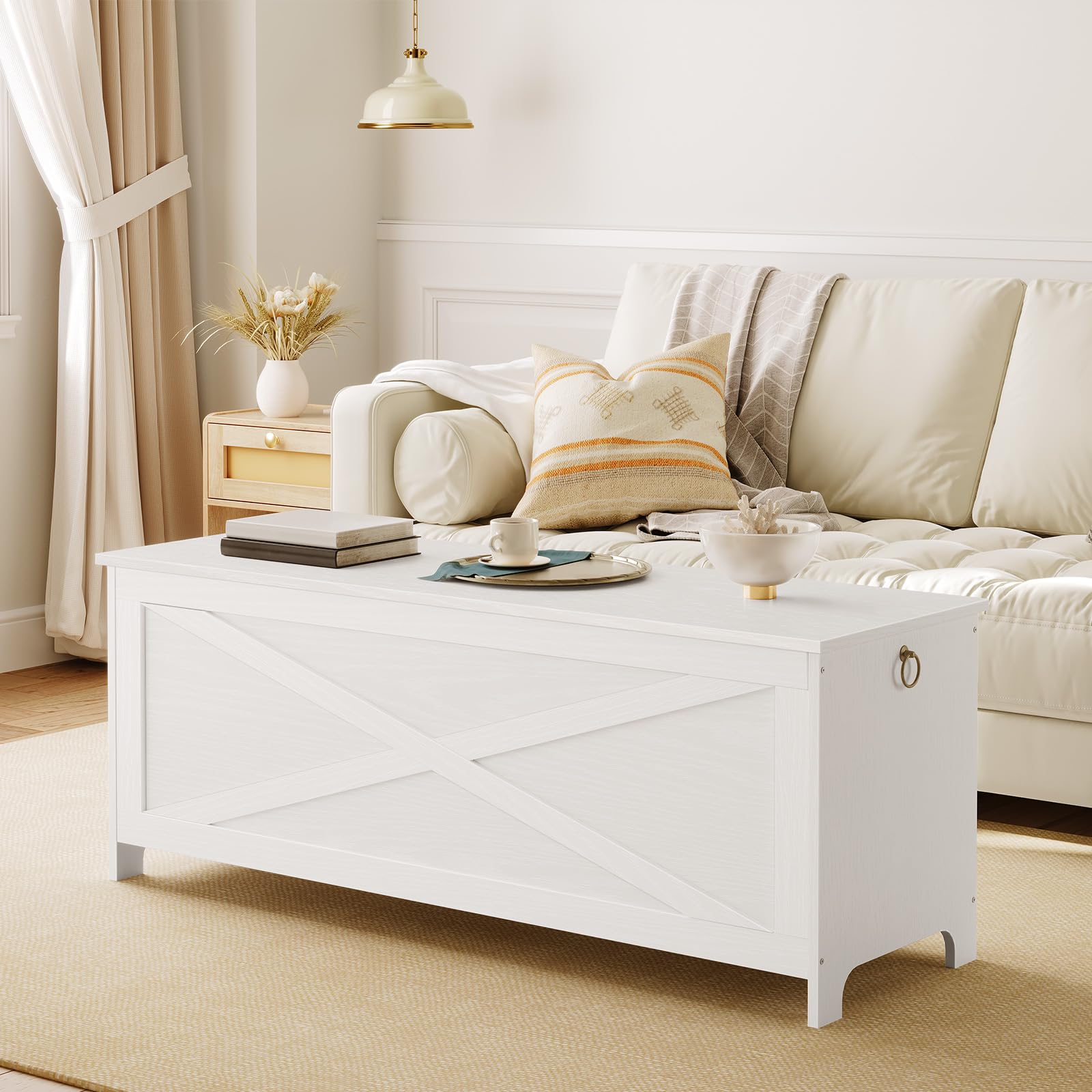 MAHANCRIS 47.2" Toy Chest, Sturdy Entryway Storage Chest with Safety Hinge, Retro Toy Box, Wooden Look Accent Furniture for Living Room, Bedroom, White SCBW48801