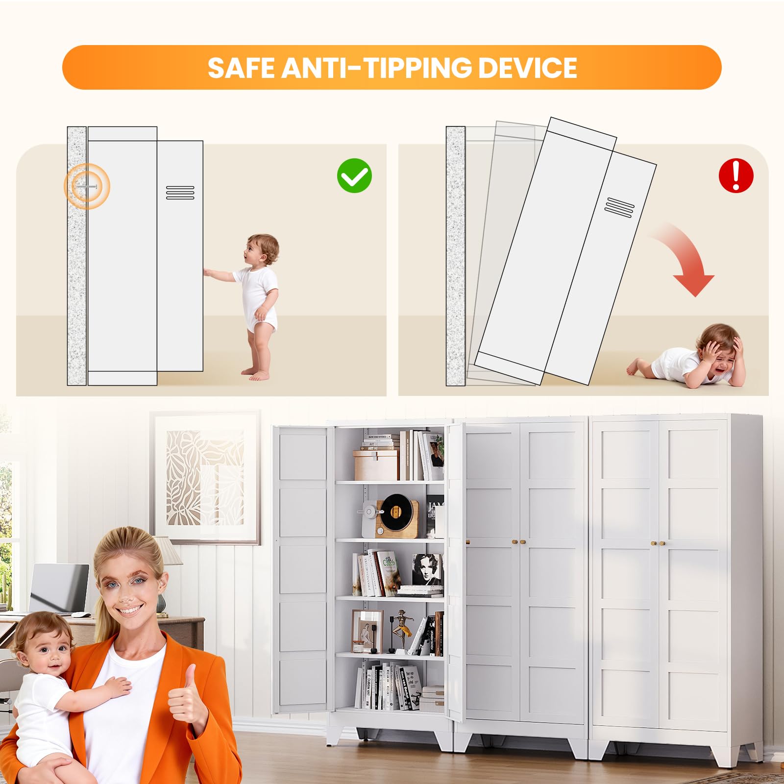 71" Tall Kitchen Cabinet Storage Unit With 2 Doors and 4 Adjustable Shelves, Metal White Freestanding Cupboard, 5 Tier Kitchen Pantry Storage Cabinet for Kitchen Dining/Living Room/Garage/Home/Office
